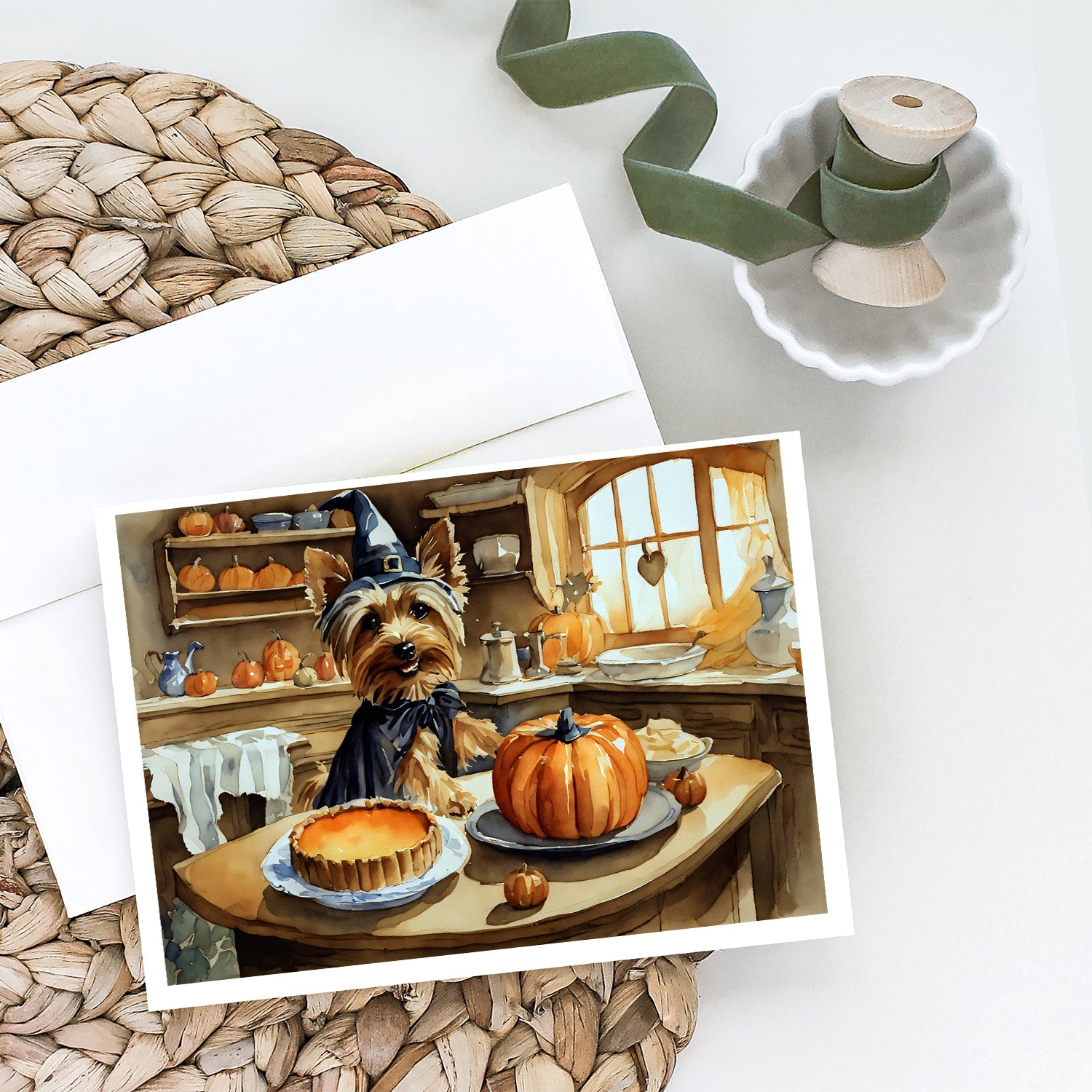 Silky Terrier Fall Kitchen Pumpkins Greeting Cards Pack of 8 Blank Cards with Envelopes Whimsical A7 Size 5x7