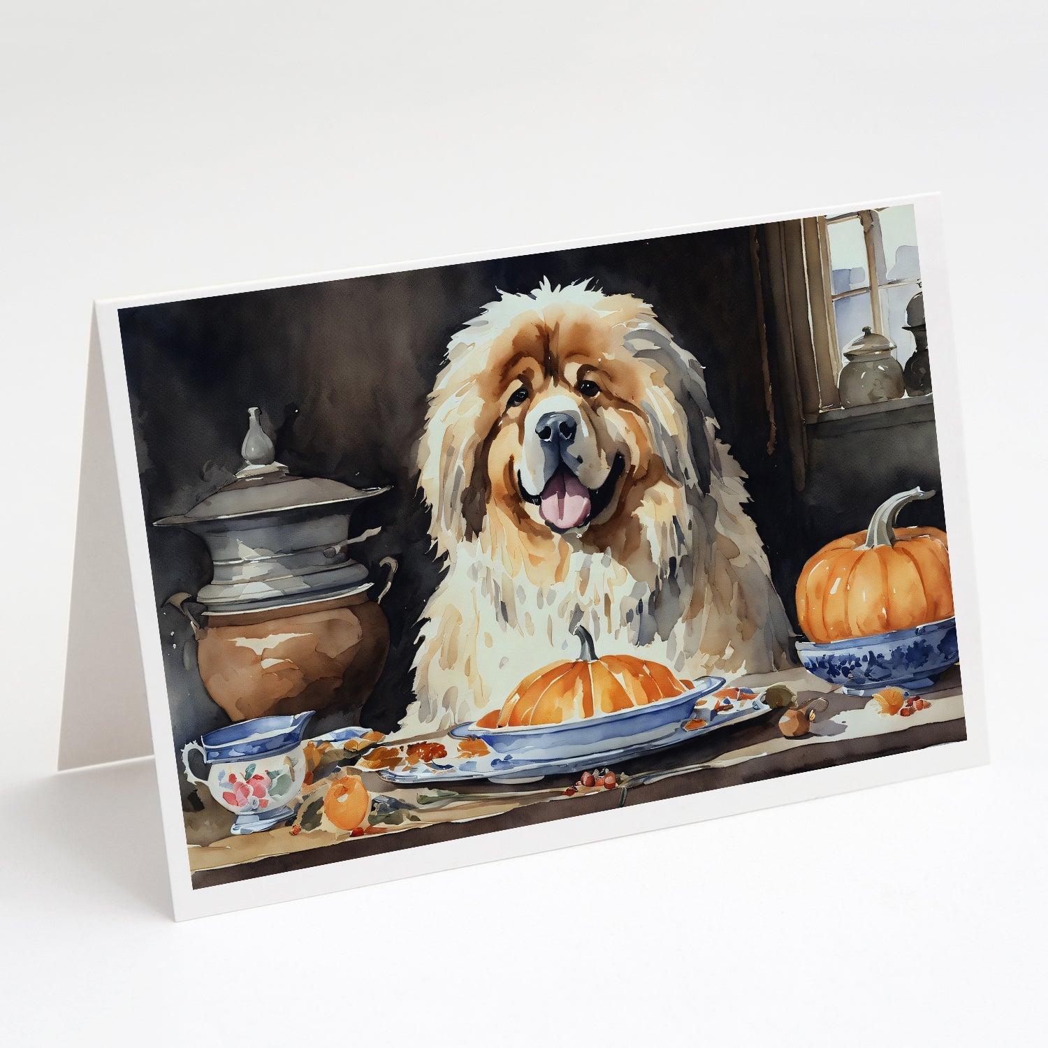 Tibetan Mastiff Fall Kitchen Pumpkins Greeting Cards Pack of 8 Blank Cards with Envelopes Whimsical A7 Size 5x7