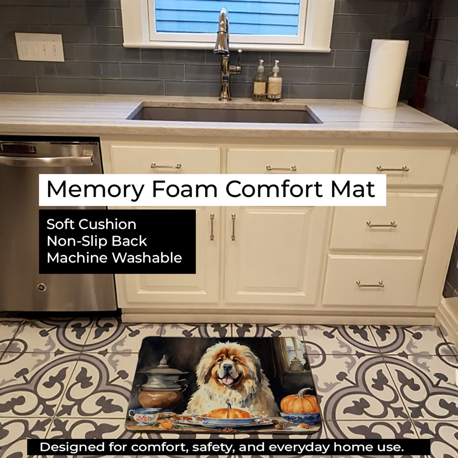 Tibetan Mastiff Fall Kitchen Pumpkins Memory Foam Kitchen Mat Machine Washable Anti-Fatigue Cushion Comfort Bath or Kitchen Rug