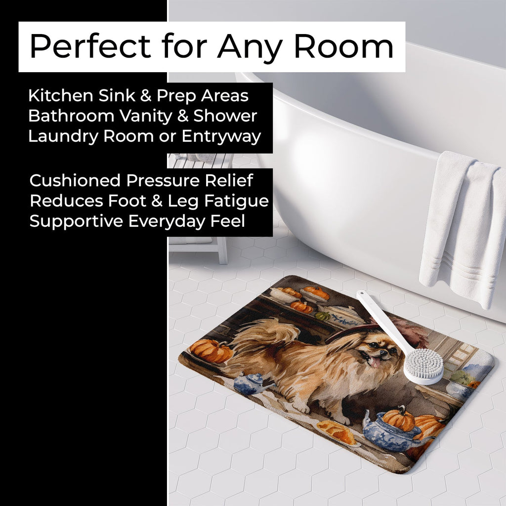 Tibetan Spaniel Fall Kitchen Pumpkins Memory Foam Kitchen Mat Machine Washable Anti-Fatigue Cushion Comfort Bath or Kitchen Rug
