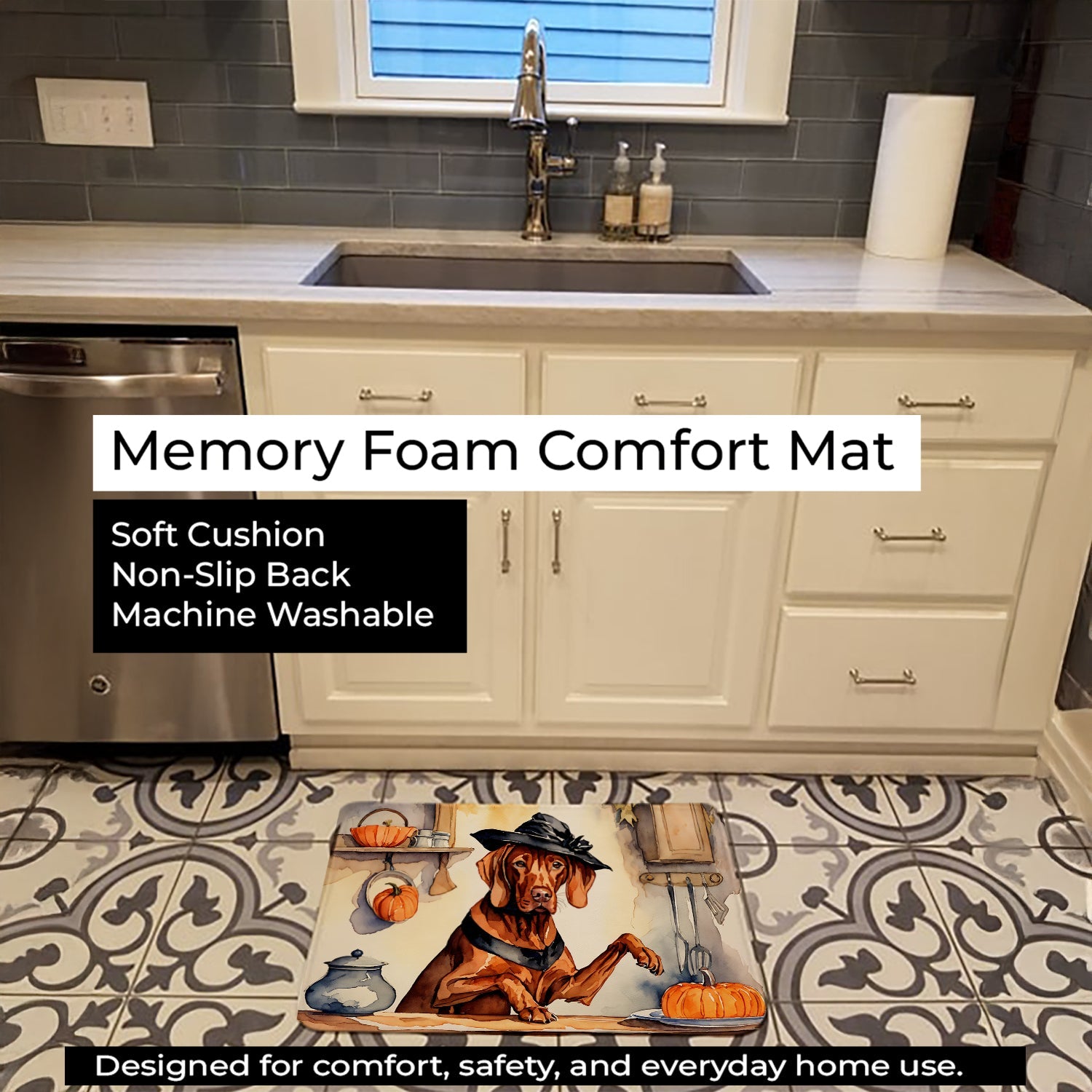 Vizsla Fall Kitchen Pumpkins Memory Foam Kitchen Mat Machine Washable Anti-Fatigue Cushion Comfort Bath or Kitchen Rug