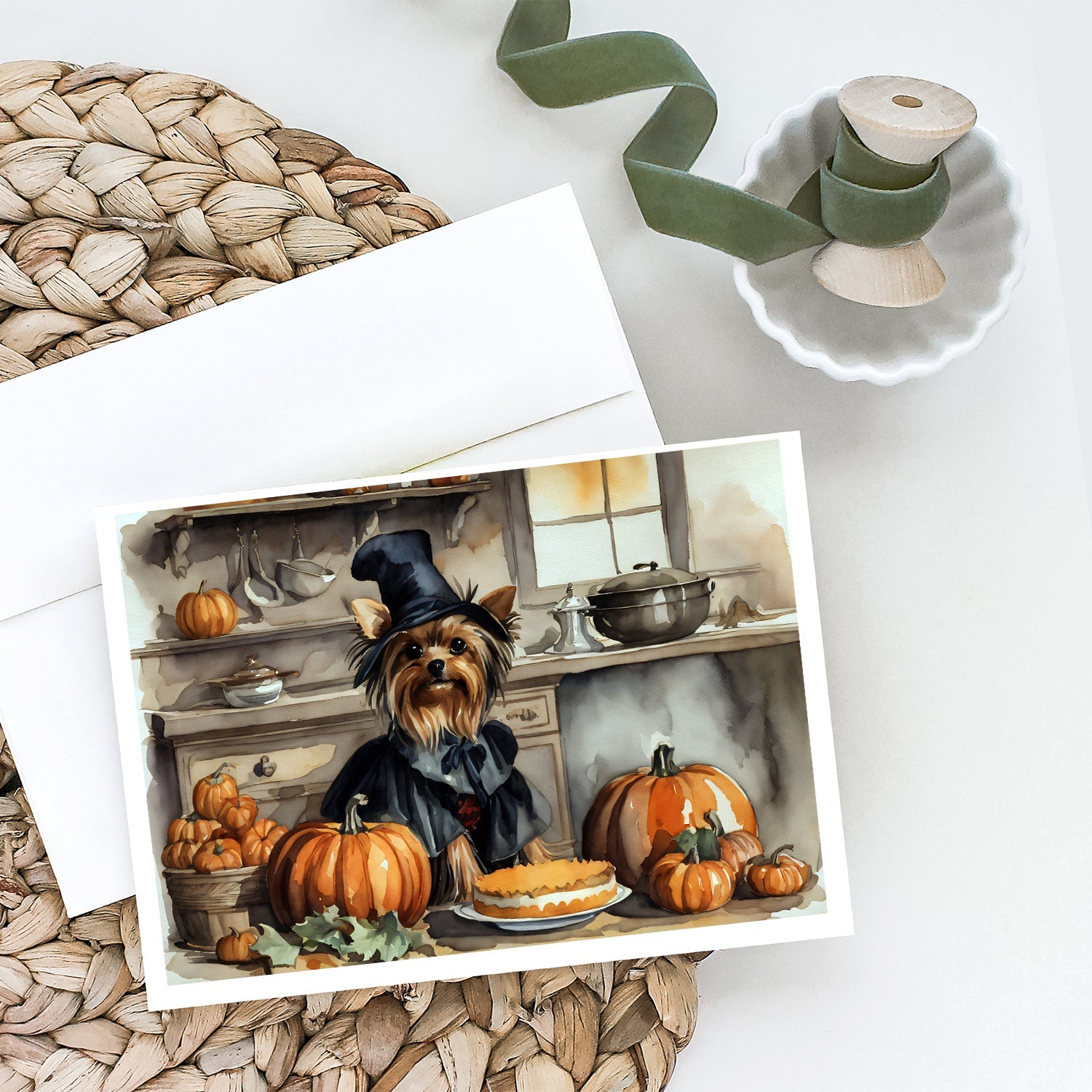 Yorkie Fall Kitchen Pumpkins Greeting Cards Pack of 8 Blank Cards with Envelopes Whimsical A7 Size 5x7