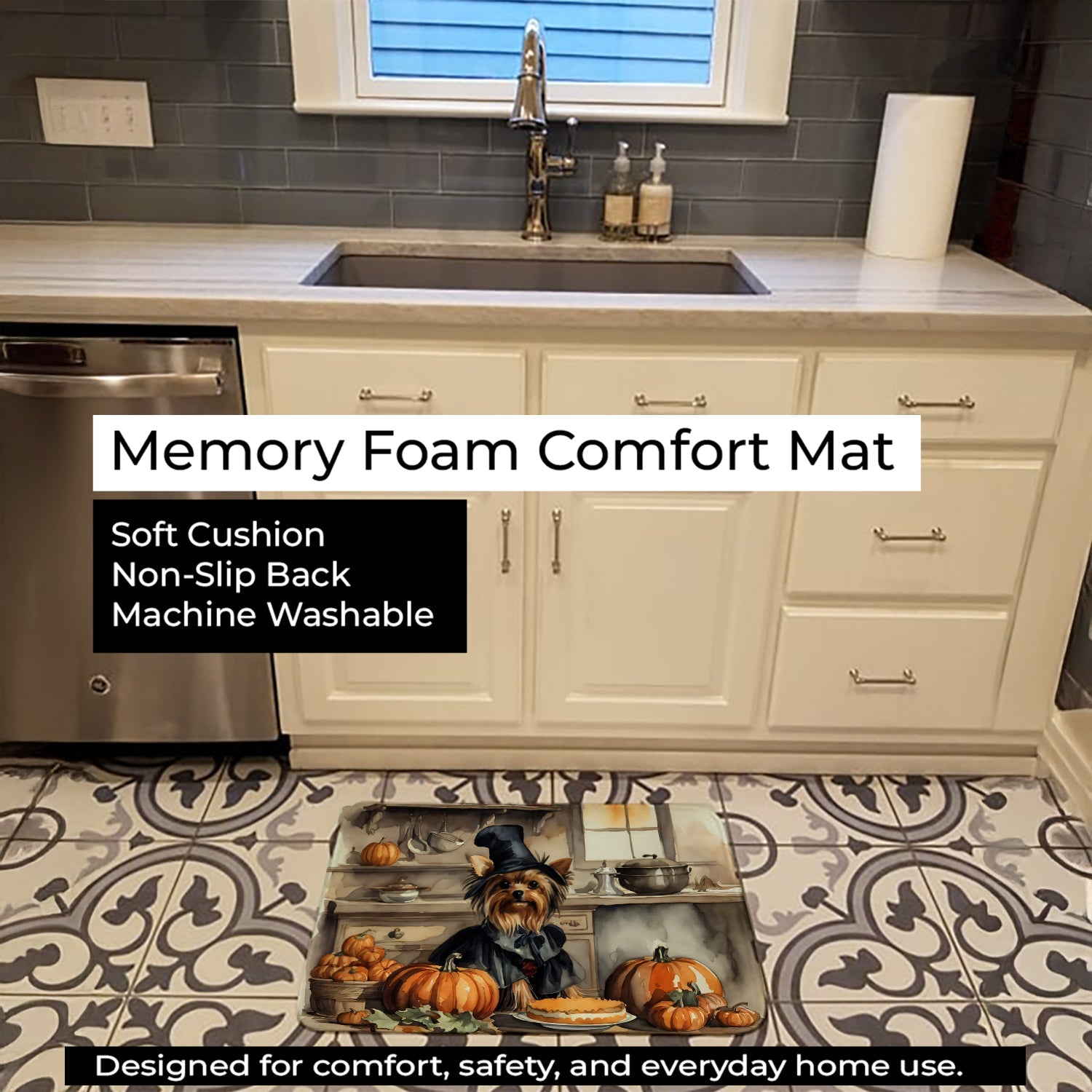 Yorkie Fall Kitchen Pumpkins Memory Foam Kitchen Mat Machine Washable Anti-Fatigue Cushion Comfort Bath or Kitchen Rug