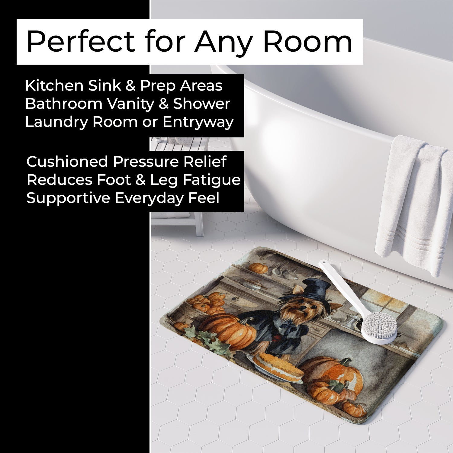 Yorkie Fall Kitchen Pumpkins Memory Foam Kitchen Mat Machine Washable Anti-Fatigue Cushion Comfort Bath or Kitchen Rug