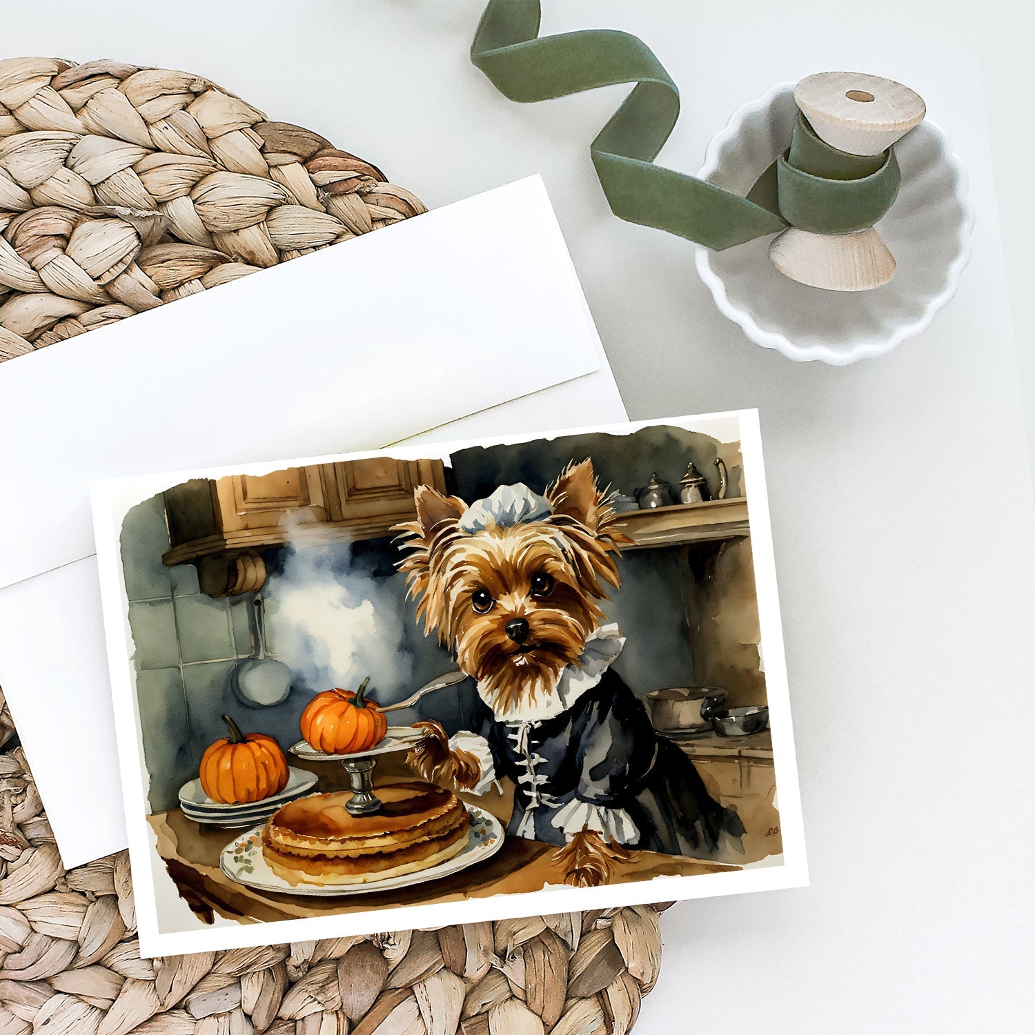 Yorkie Fall Kitchen Pumpkins Greeting Cards Pack of 8 Blank Cards with Envelopes Whimsical A7 Size 5x7