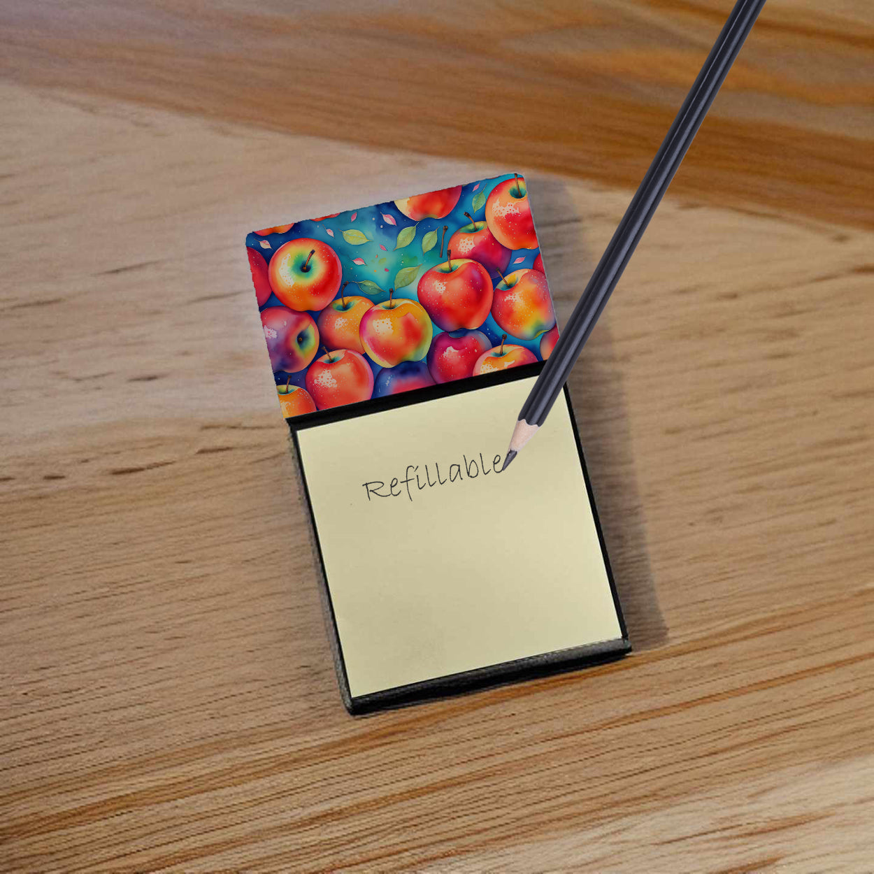 Colorful Apples Watercolor Sticky Note Holder Refillable Dispenser Desk Accessory 3x3 Pad Gift