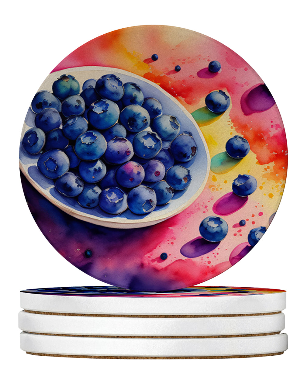 Colorful Blueberries Large Sandstone Coasters Pack of 4 Absorbent Round Coasters Decor Gifts for Men or Women, 4 in, Multicolor