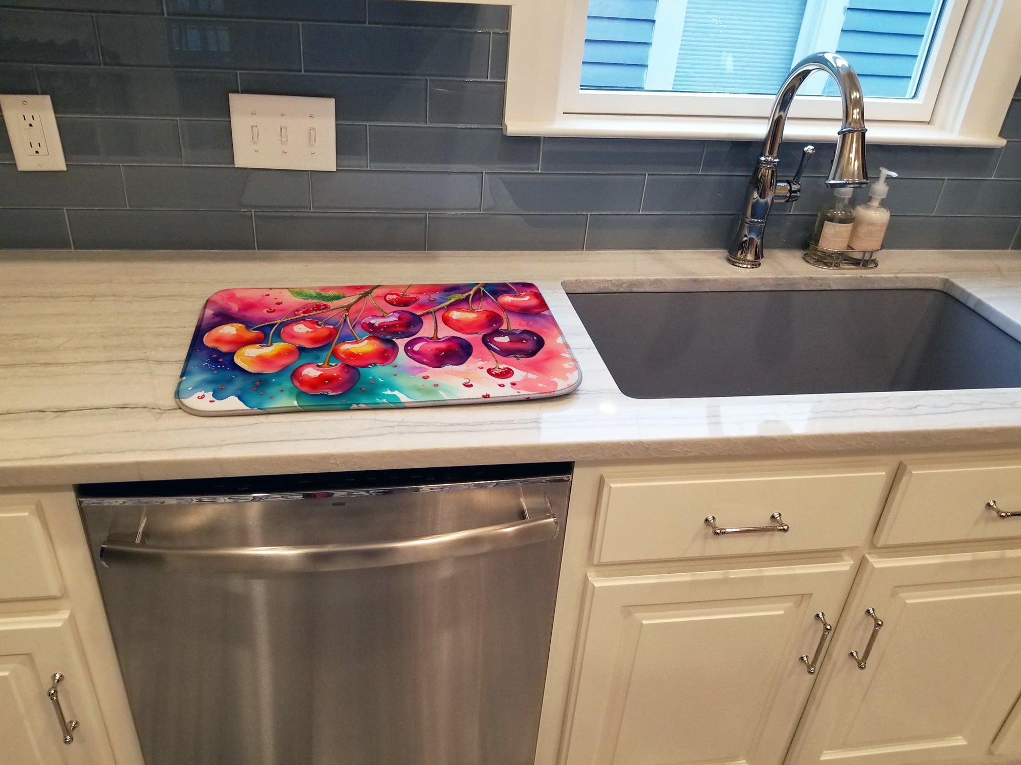 Colorful Cherries Dish Drying Mat Absorbent Dish Drying Mat Pad for Kitchen Counter Dish Drainer Mat for Countertop, 14 x 21", Multicolor