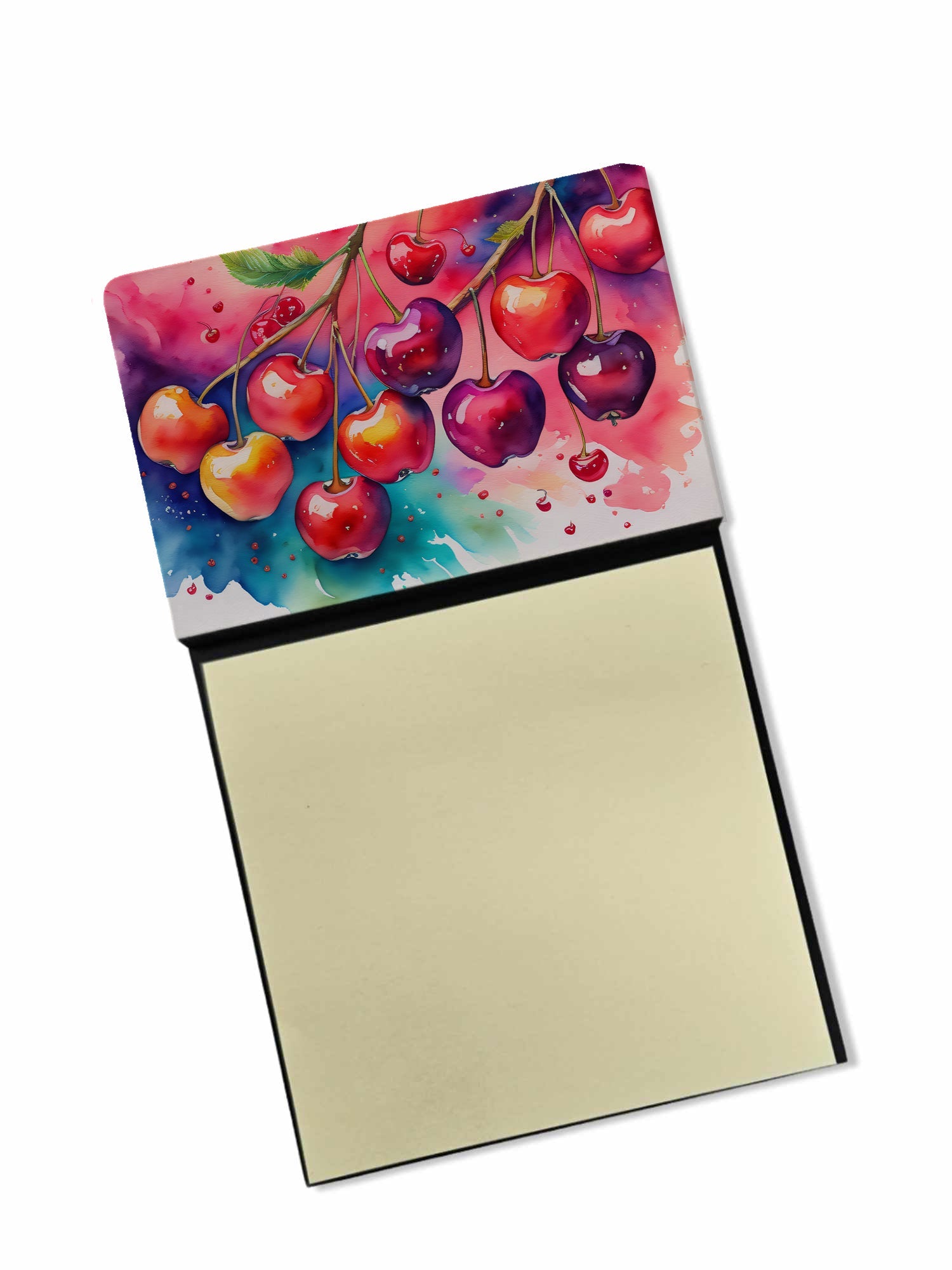 Colorful Cherries Watercolor Sticky Note Holder Refillable Dispenser Desk Accessory 3x3 Pad Gift