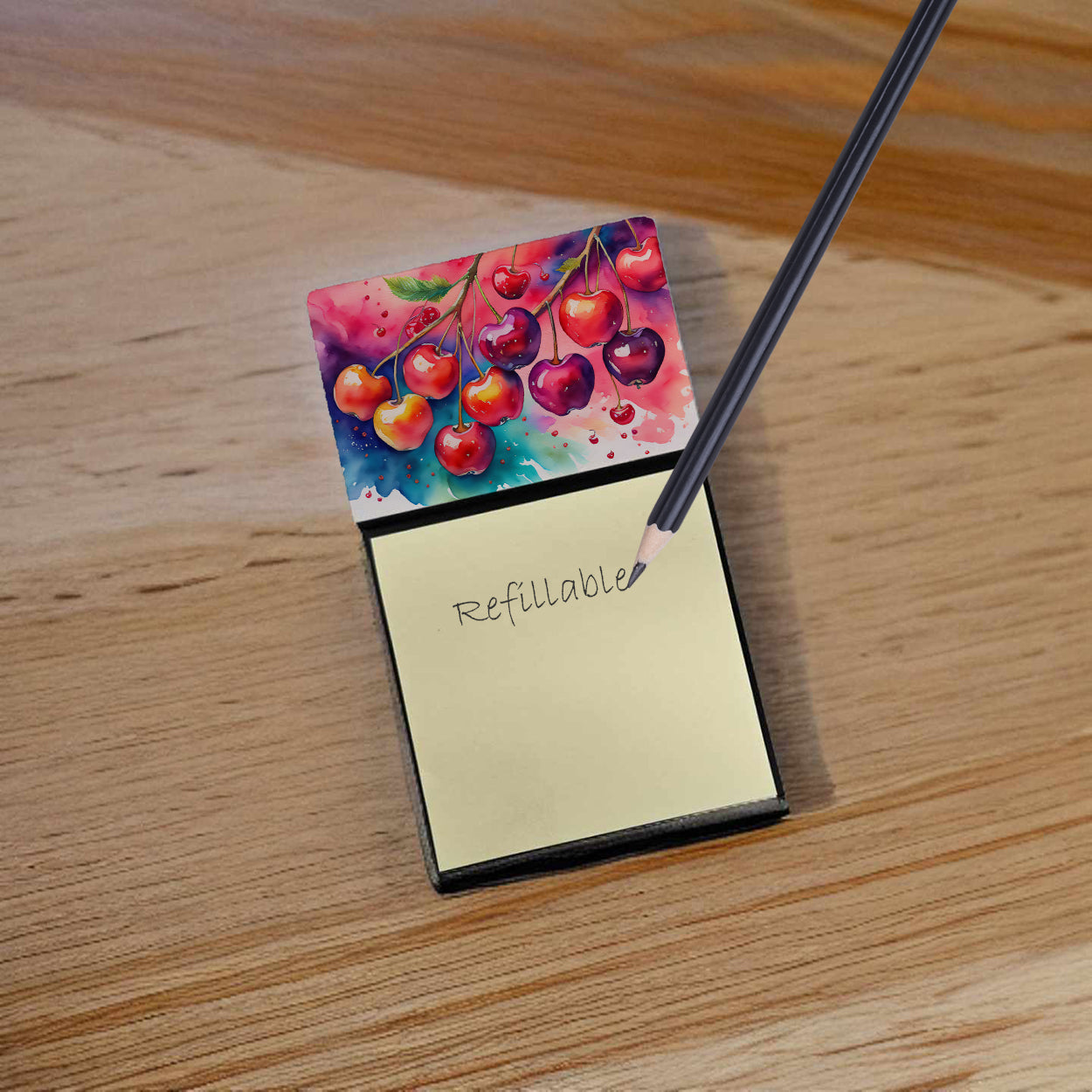 Colorful Cherries Watercolor Sticky Note Holder Refillable Dispenser Desk Accessory 3x3 Pad Gift