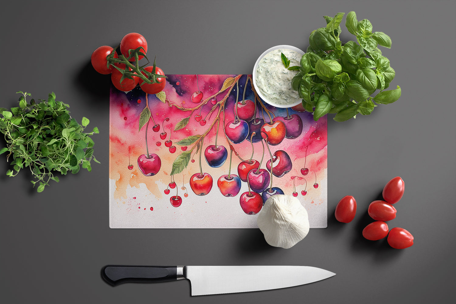 Colorful Cherries Cutting Board Tempered Glass Kitchen Cutting Surface, Heat Resistant Chopping, Non-Slip Feet, Food Prep & Serving