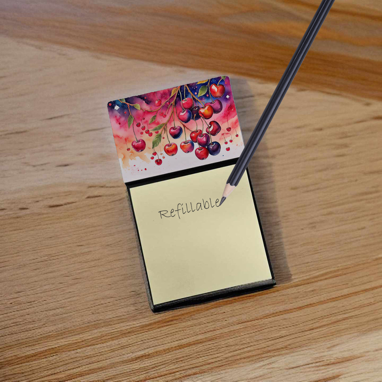 Colorful Cherries Watercolor Sticky Note Holder Refillable Dispenser Desk Accessory 3x3 Pad Gift