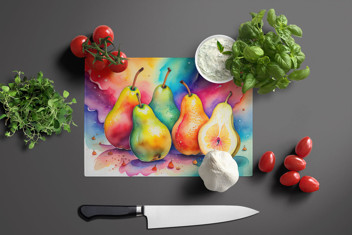 Colorful Pears Cutting Board Tempered Glass Kitchen Cutting Surface, Heat Resistant Chopping, Non-Slip Feet, Food Prep & Serving
