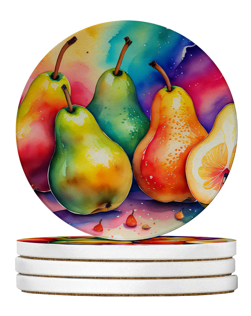 Colorful Pears Large Sandstone Coasters Pack of 4 Absorbent Round Coasters Decor Gifts for Men or Women, 4 in, Multicolor