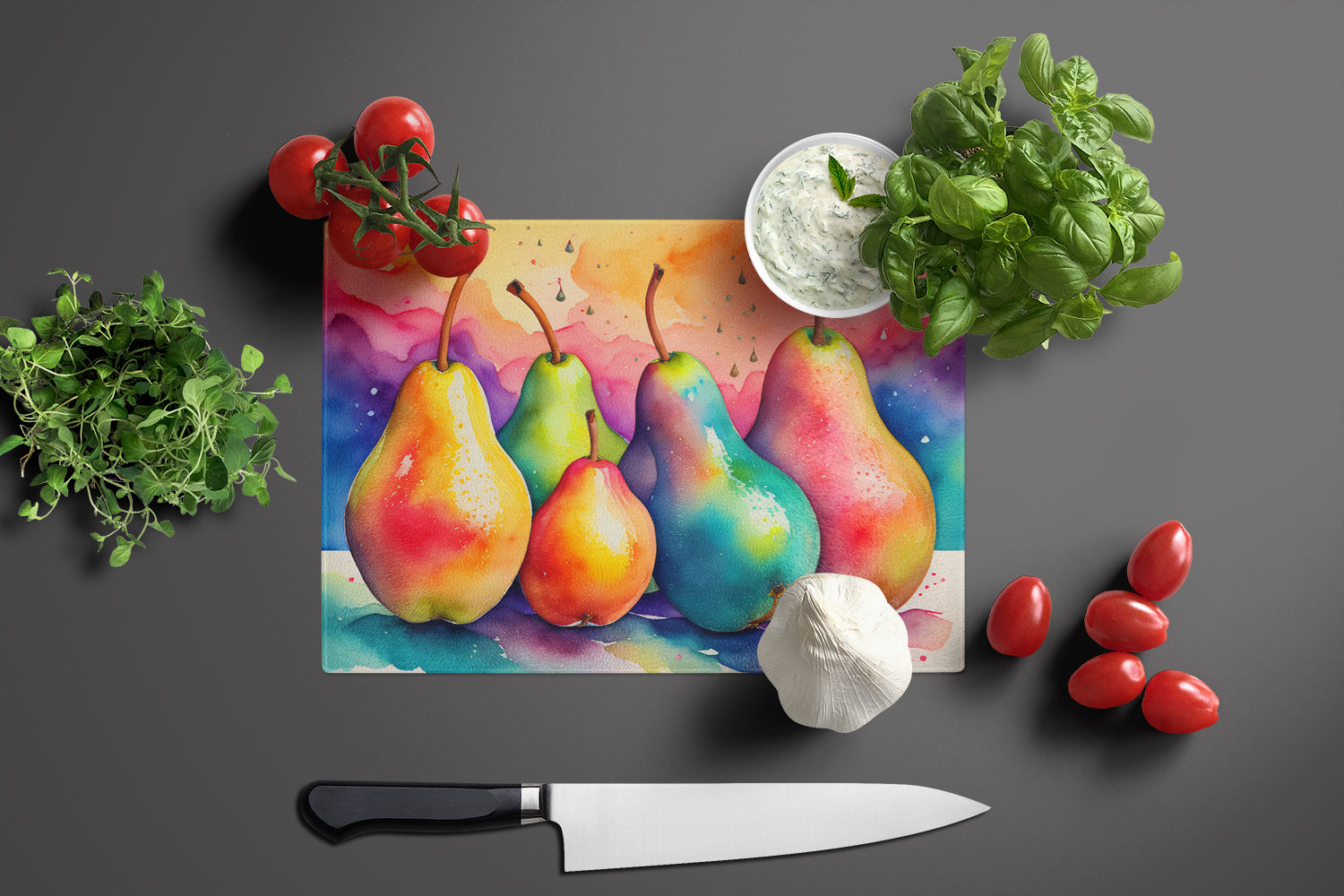 Colorful Pears Cutting Board Tempered Glass Kitchen Cutting Surface, Heat Resistant Chopping, Non-Slip Feet, Food Prep & Serving