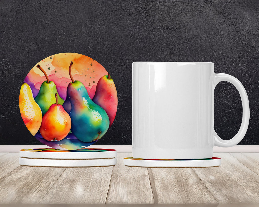 Colorful Pears Large Sandstone Coasters Pack of 4 Absorbent Round Coasters Decor Gifts for Men or Women, 4 in, Multicolor