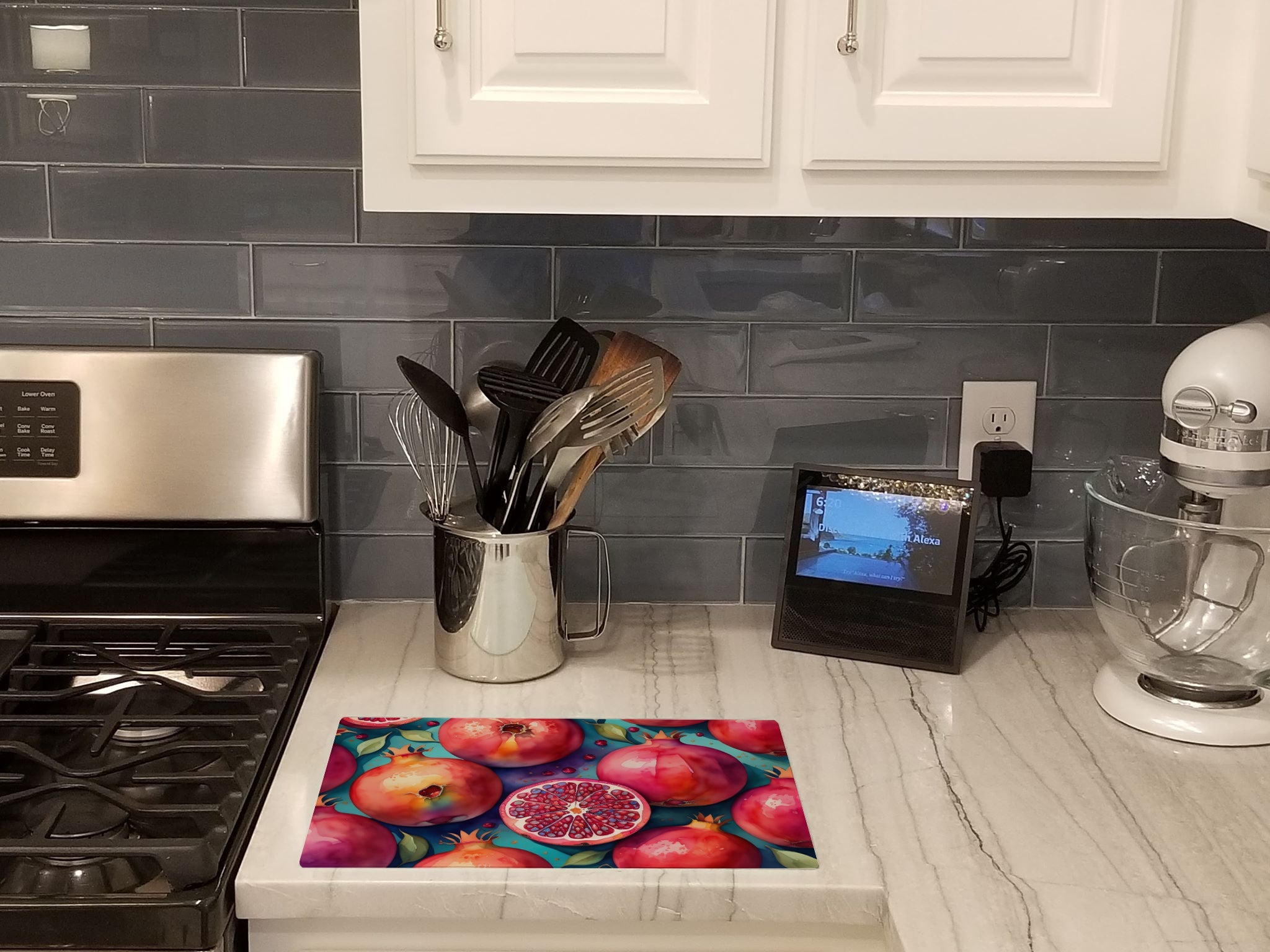 Colorful Pomegranates Cutting Board Tempered Glass Kitchen Cutting Surface, Heat Resistant Chopping, Non-Slip Feet, Food Prep & Serving