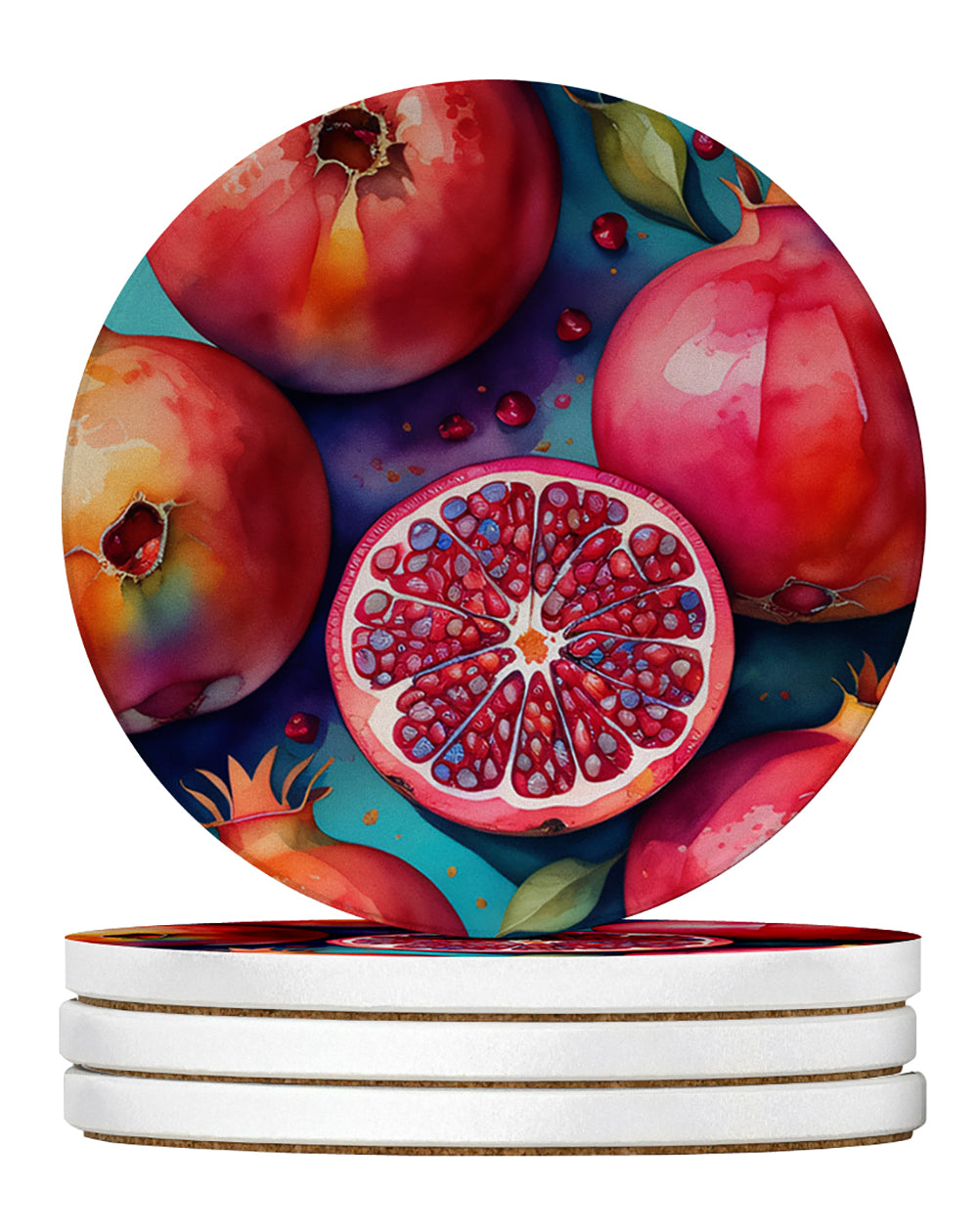 Colorful Pomegranates Large Sandstone Coasters Pack of 4 Absorbent Round Coasters Decor Gifts for Men or Women, 4 in, Multicolor