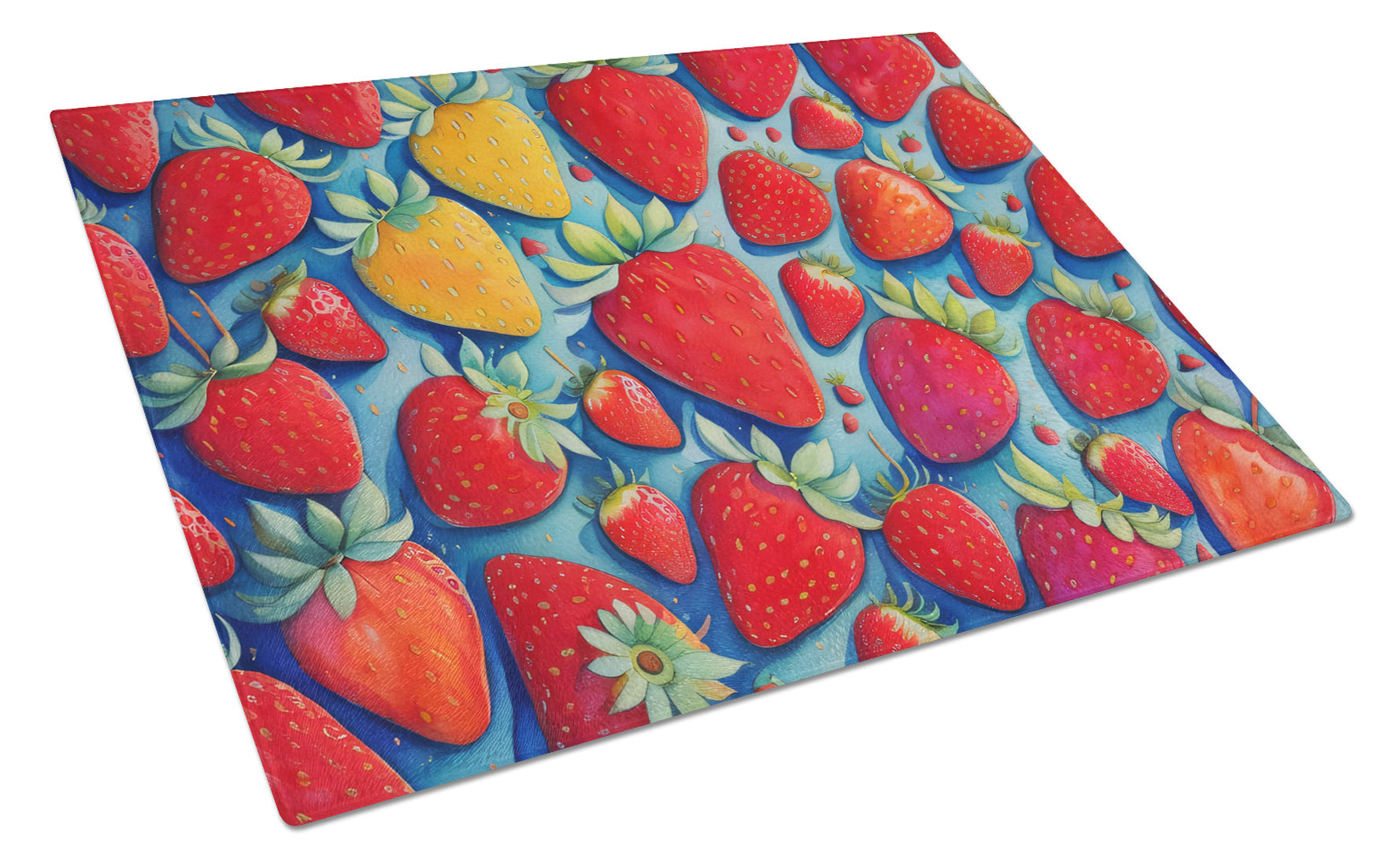 Colorful Strawberries Cutting Board Tempered Glass Kitchen Cutting Surface, Heat Resistant Chopping, Non-Slip Feet, Food Prep & Serving