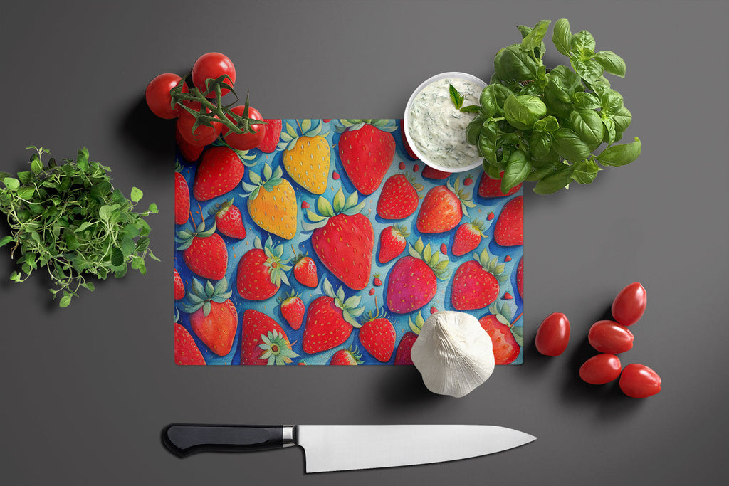 Colorful Strawberries Cutting Board Tempered Glass Kitchen Cutting Surface, Heat Resistant Chopping, Non-Slip Feet, Food Prep & Serving