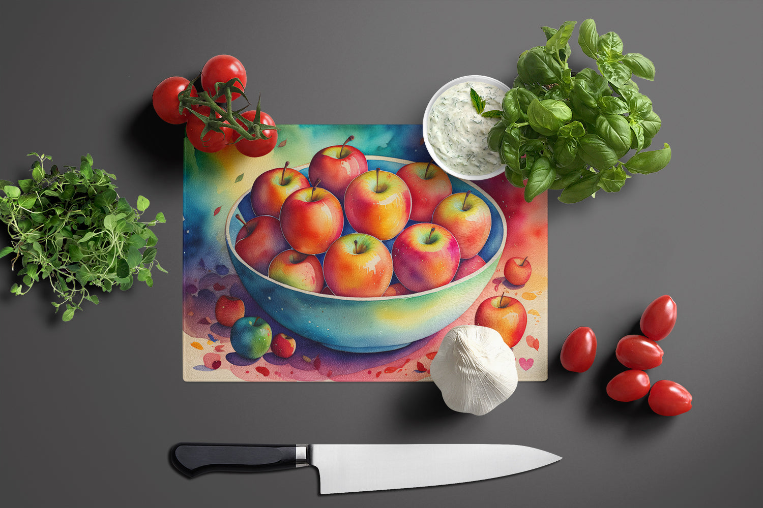 Colorful Apples Cutting Board Tempered Glass Kitchen Cutting Surface, Heat Resistant Chopping, Non-Slip Feet, Food Prep & Serving