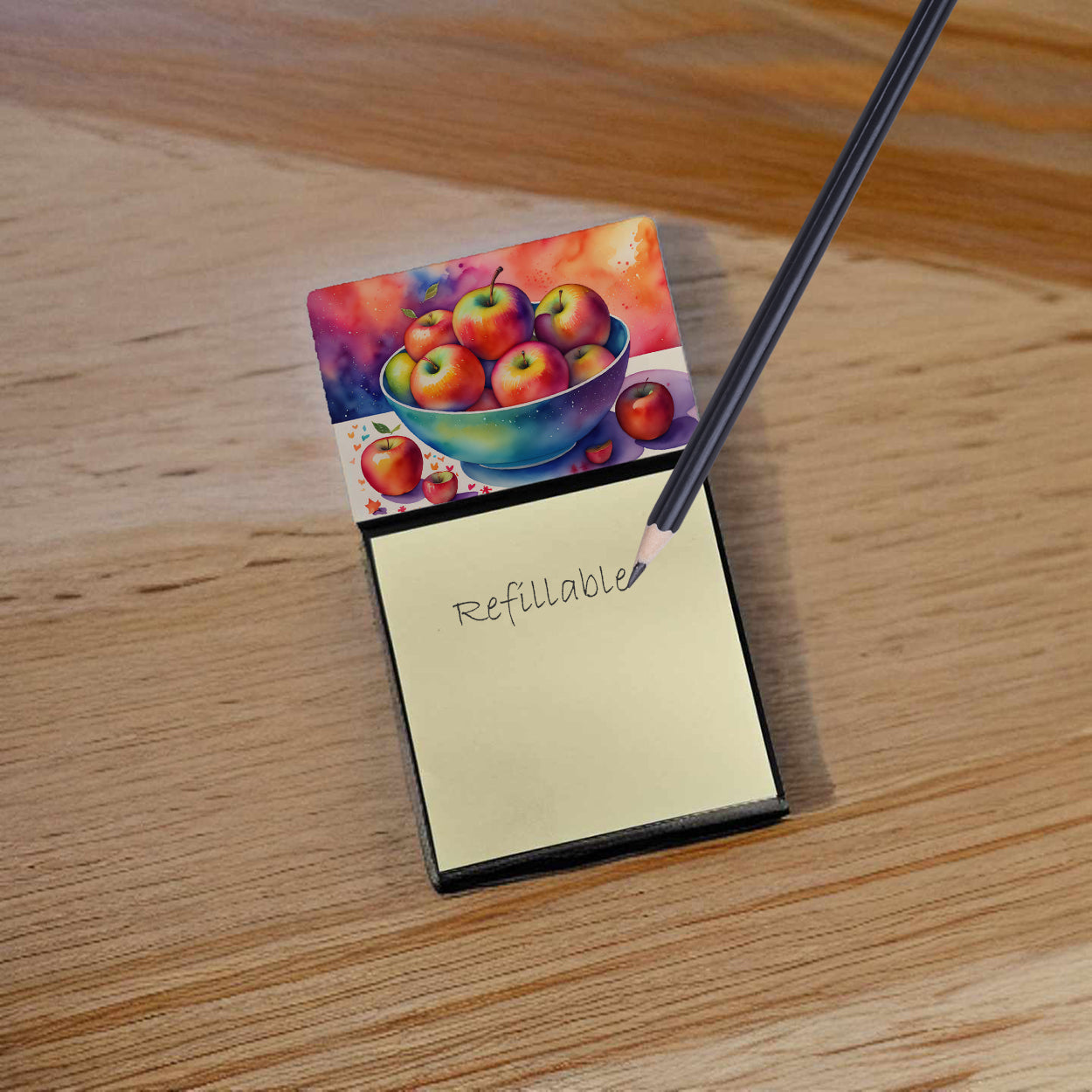 Colorful Apples Watercolor Sticky Note Holder Refillable Dispenser Desk Accessory 3x3 Pad Gift