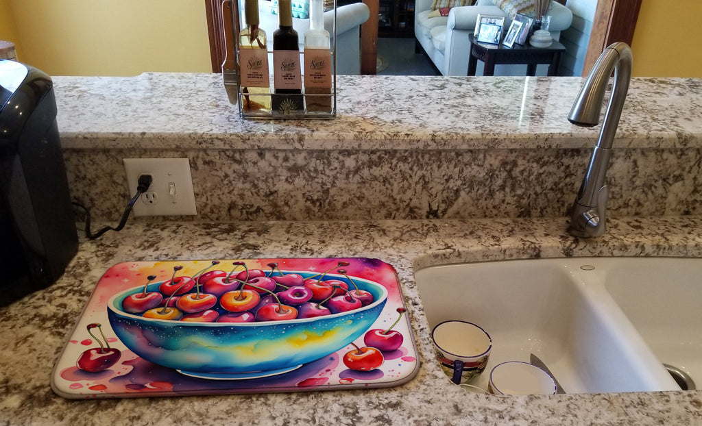 Colorful Cherries Dish Drying Mat Absorbent Dish Drying Mat Pad for Kitchen Counter Dish Drainer Mat for Countertop, 14 x 21", Multicolor