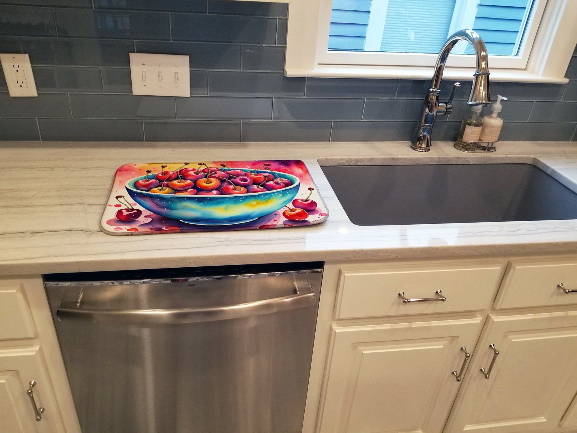 Colorful Cherries Dish Drying Mat Absorbent Dish Drying Mat Pad for Kitchen Counter Dish Drainer Mat for Countertop, 14 x 21", Multicolor