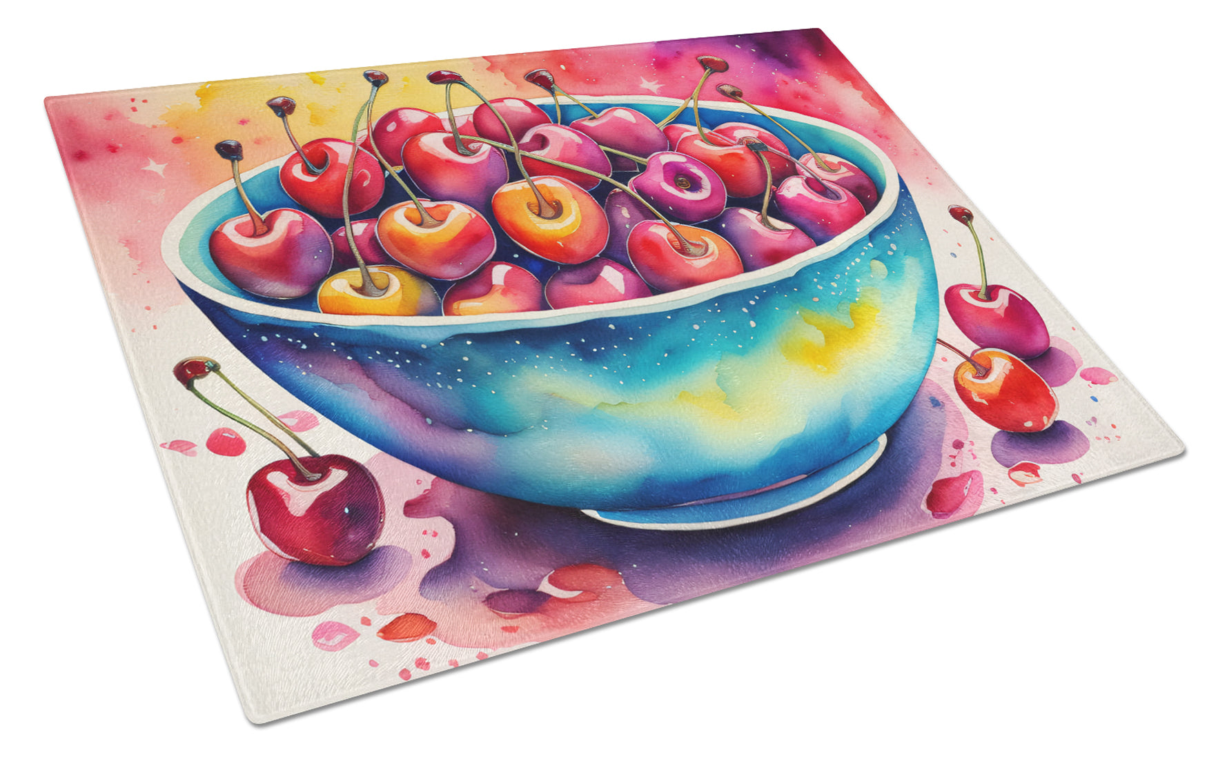 Colorful Cherries Cutting Board Tempered Glass Kitchen Cutting Surface, Heat Resistant Chopping, Non-Slip Feet, Food Prep & Serving
