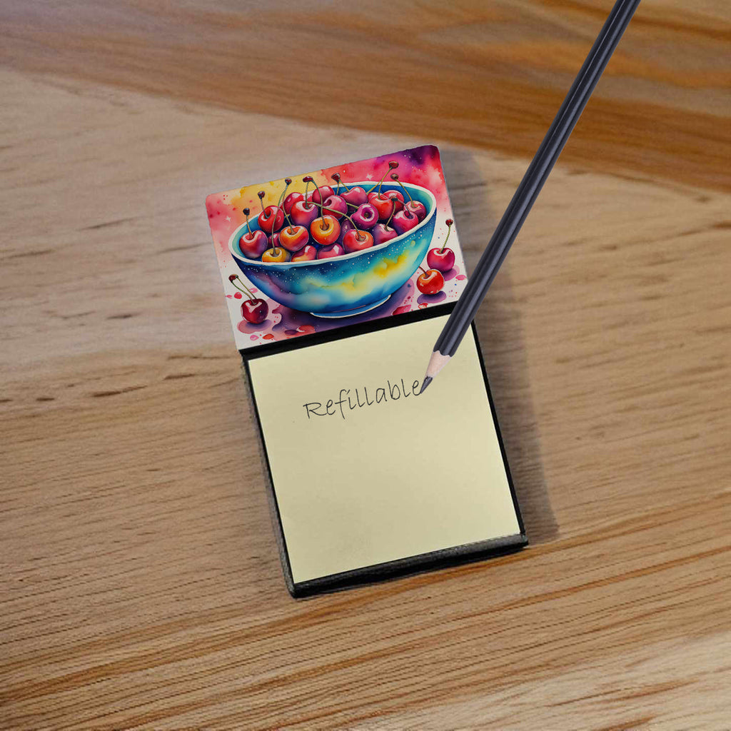 Colorful Cherries Watercolor Sticky Note Holder Refillable Dispenser Desk Accessory 3x3 Pad Gift