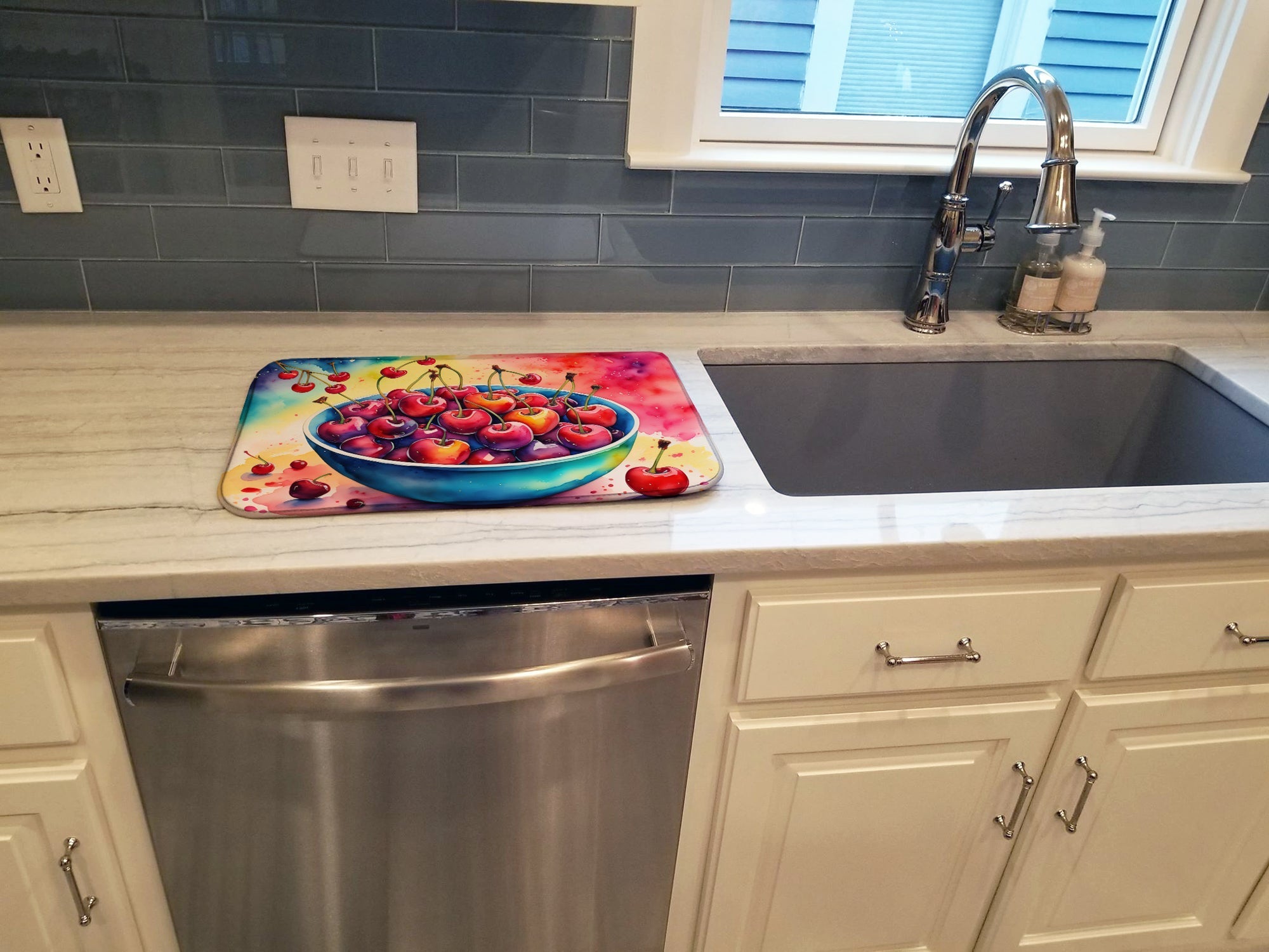 Colorful Cherries Dish Drying Mat Absorbent Dish Drying Mat Pad for Kitchen Counter Dish Drainer Mat for Countertop, 14 x 21", Multicolor