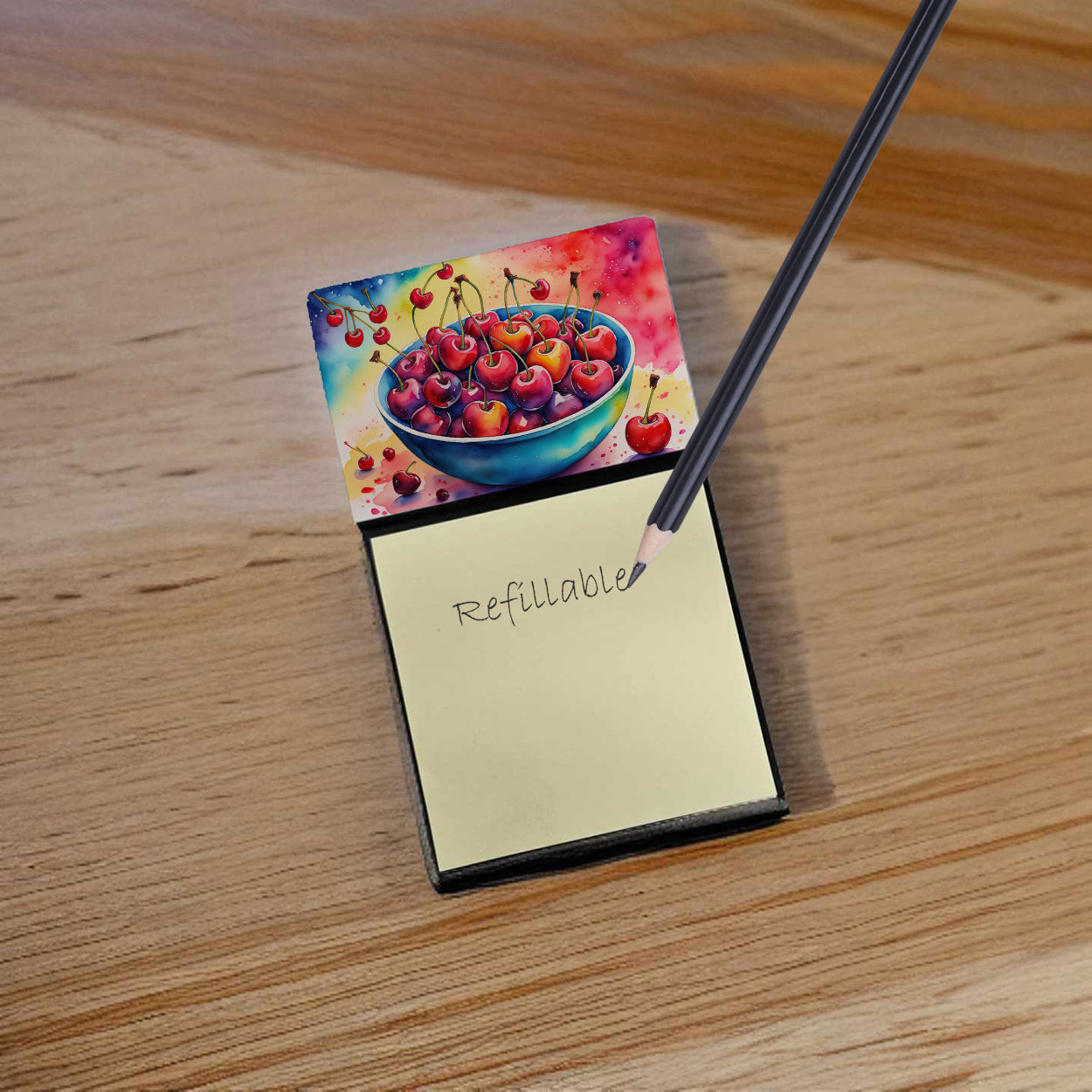 Colorful Cherries Watercolor Sticky Note Holder Refillable Dispenser Desk Accessory 3x3 Pad Gift