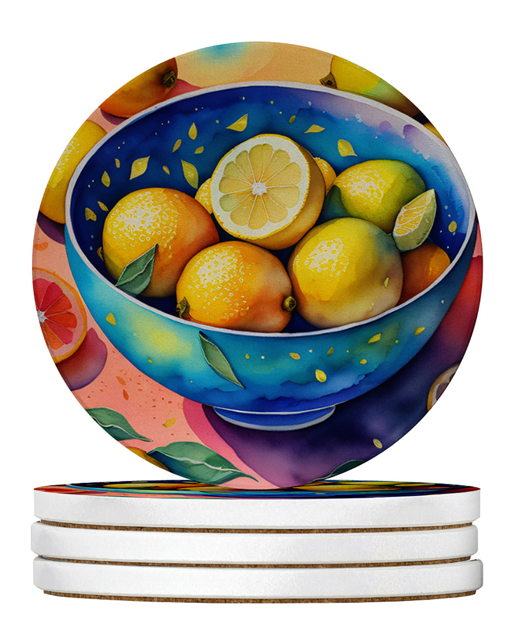 Colorful Lemons Large Sandstone Coasters Pack of 4 Absorbent Round Coasters Decor Gifts for Men or Women, 4 in, Multicolor
