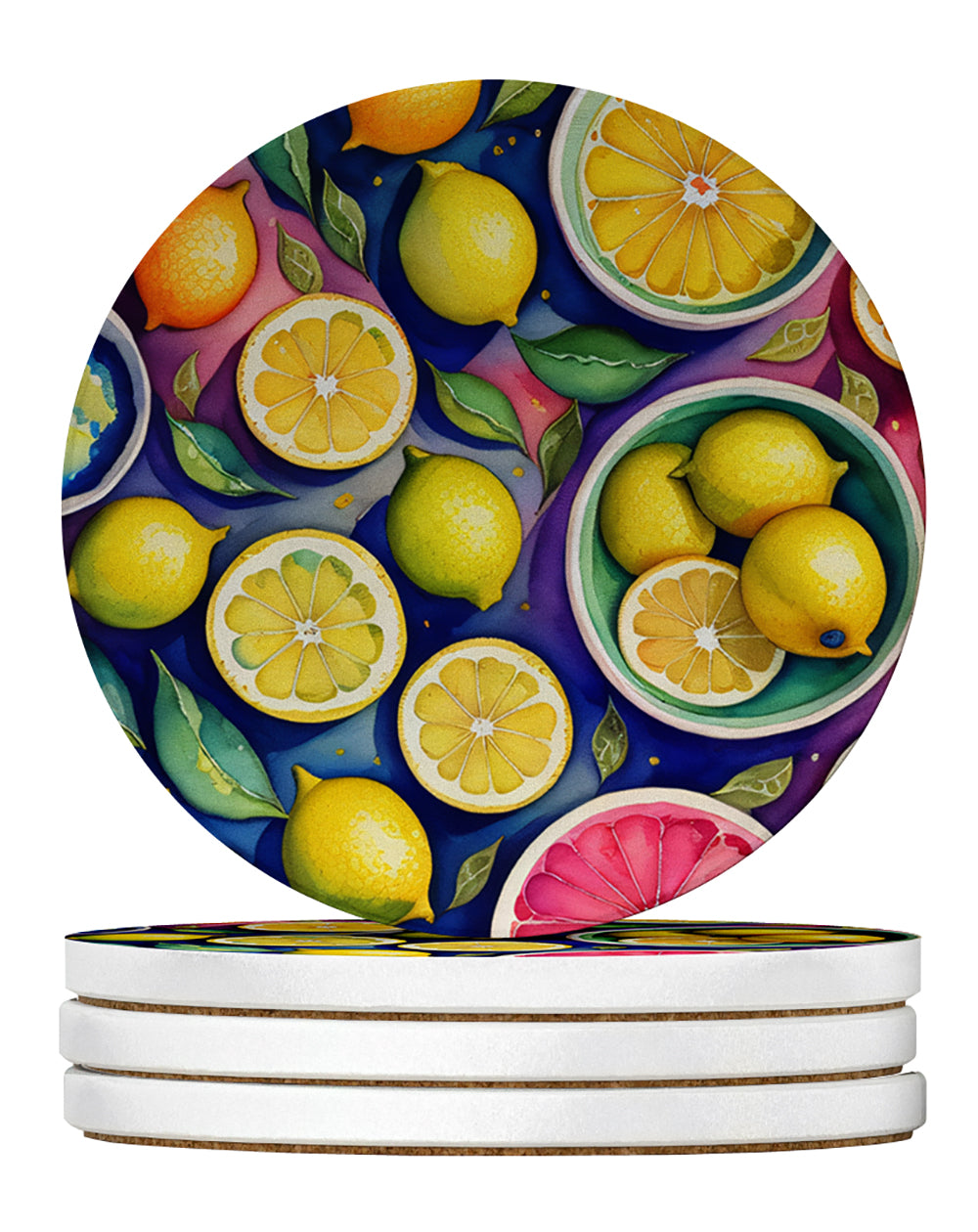 Colorful Lemons Large Sandstone Coasters Pack of 4 Absorbent Round Coasters Decor Gifts for Men or Women, 4 in, Multicolor