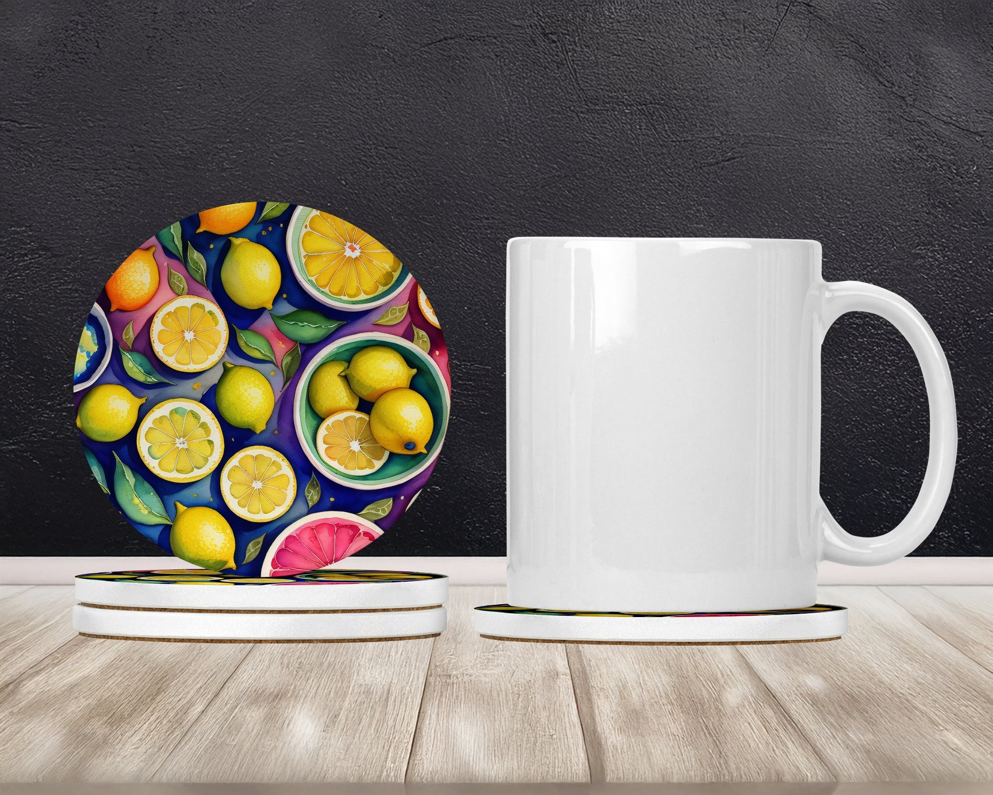 Colorful Lemons Large Sandstone Coasters Pack of 4 Absorbent Round Coasters Decor Gifts for Men or Women, 4 in, Multicolor