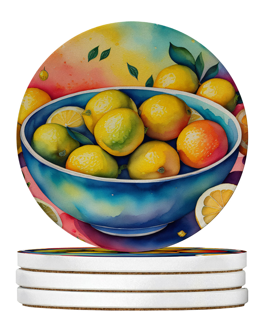Colorful Lemons Large Sandstone Coasters Pack of 4 Absorbent Round Coasters Decor Gifts for Men or Women, 4 in, Multicolor