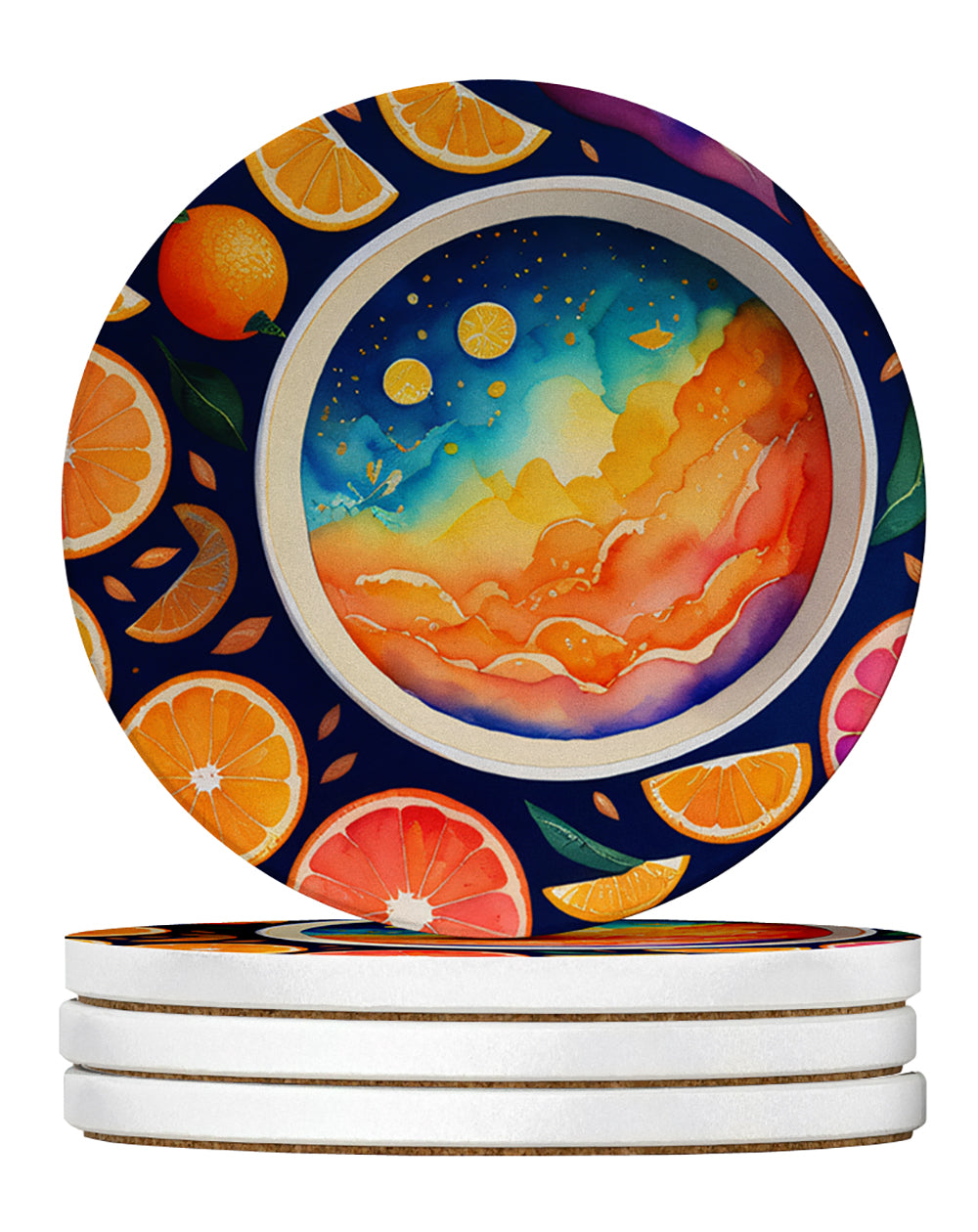 Colorful Oranges Large Sandstone Coasters Pack of 4 Absorbent Round Coasters Decor Gifts for Men or Women, 4 in, Multicolor