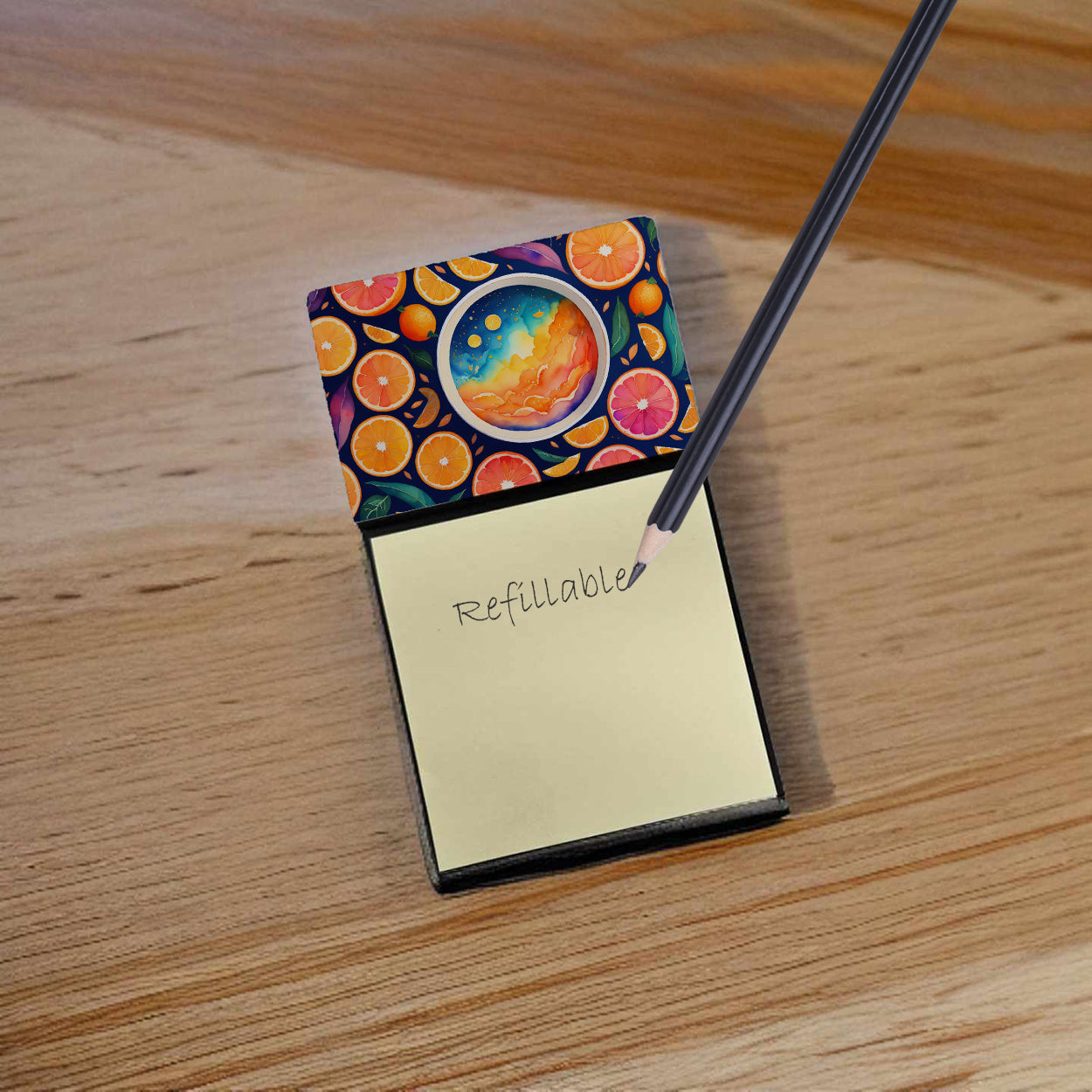 Colorful Oranges Watercolor Sticky Note Holder Refillable Dispenser Desk Accessory 3x3 Pad Gift
