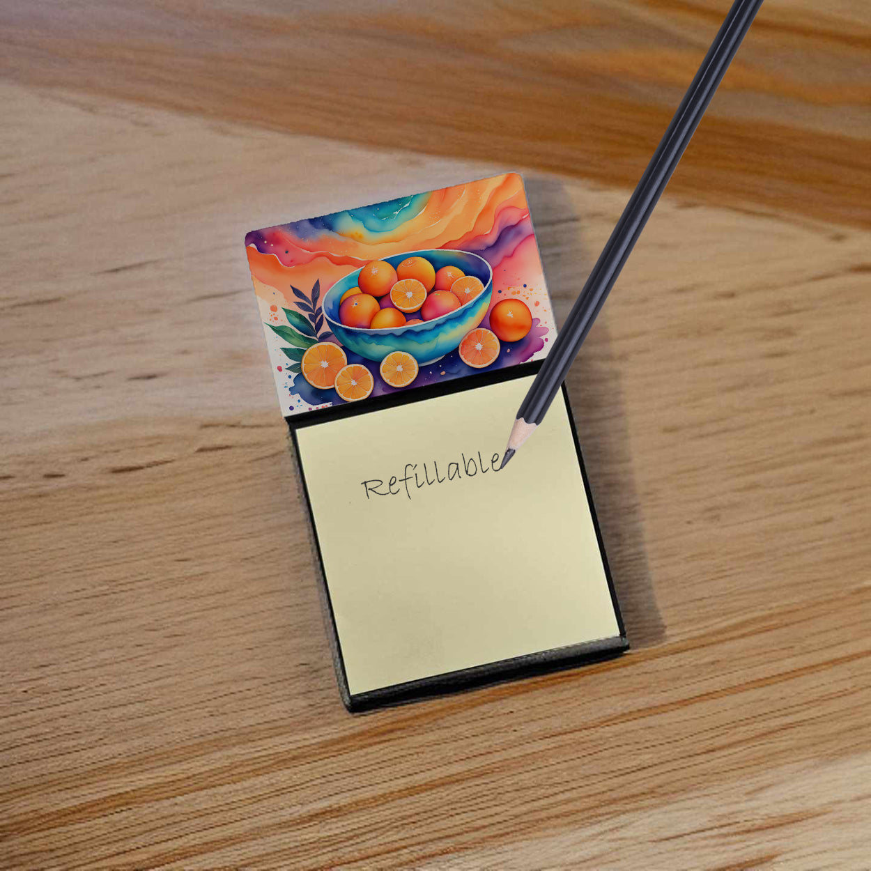 Colorful Oranges Watercolor Sticky Note Holder Refillable Dispenser Desk Accessory 3x3 Pad Gift