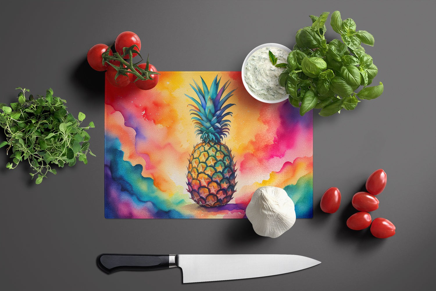 Colorful Pineapple Cutting Board Tempered Glass Kitchen Cutting Surface, Heat Resistant Chopping, Non-Slip Feet, Food Prep & Serving