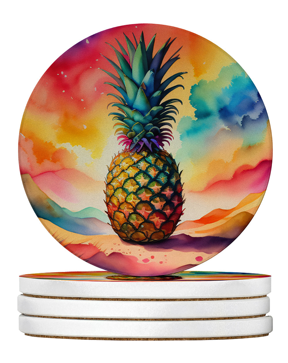 Colorful Pineapple Large Sandstone Coasters Pack of 4 Absorbent Round Coasters Decor Gifts for Men or Women, 4 in, Multicolor