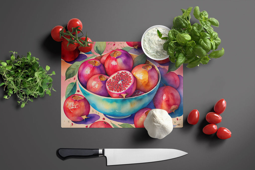Colorful Pomegranates Cutting Board Tempered Glass Kitchen Cutting Surface, Heat Resistant Chopping, Non-Slip Feet, Food Prep & Serving