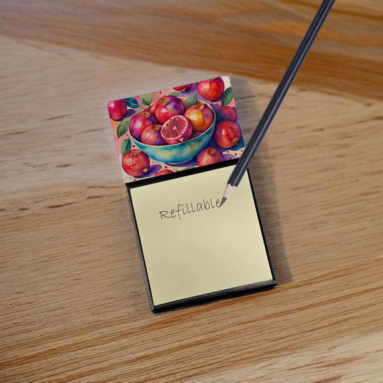 Colorful Pomegranates Watercolor Sticky Note Holder Refillable Dispenser Desk Accessory 3x3 Pad Gift