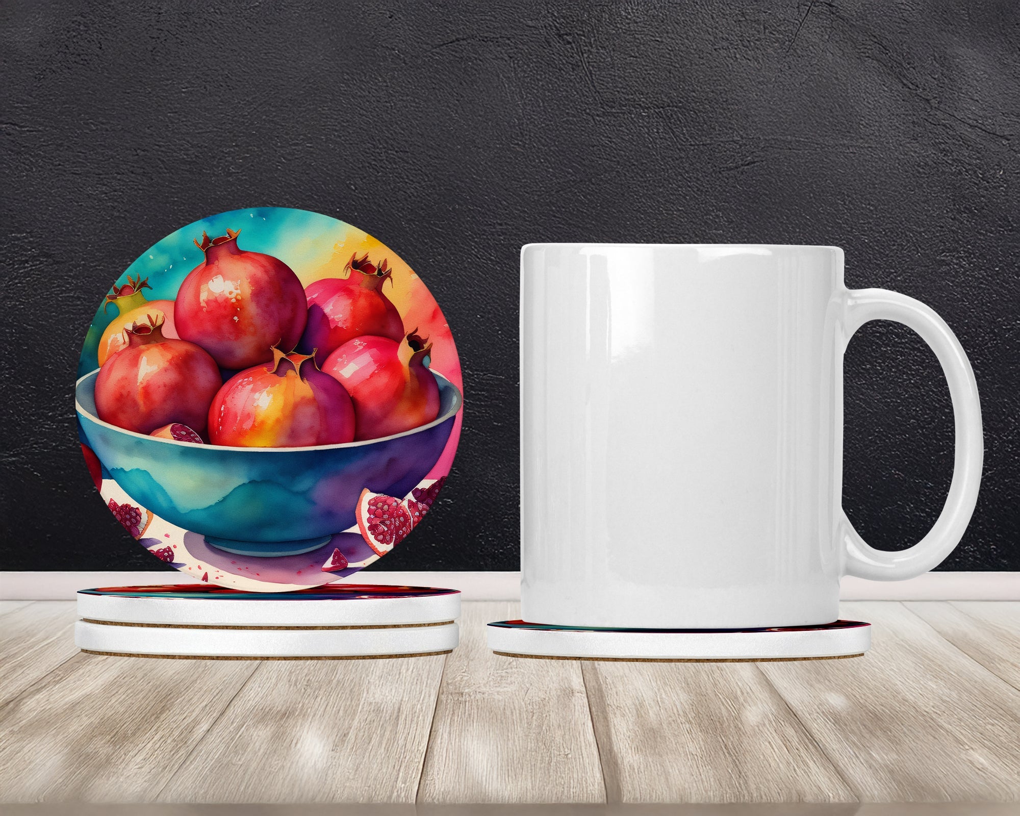 Colorful Pomegranates Large Sandstone Coasters Pack of 4 Absorbent Round Coasters Decor Gifts for Men or Women, 4 in, Multicolor