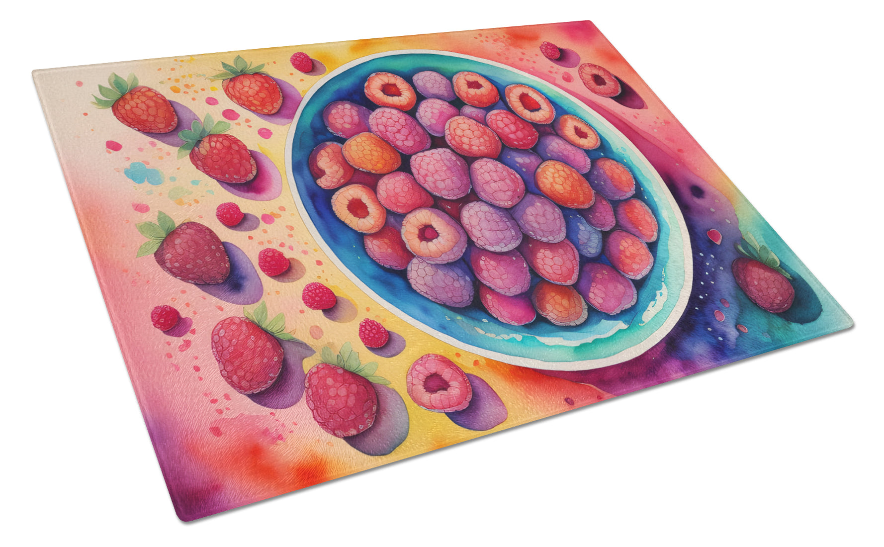 Colorful Raspberries Cutting Board Tempered Glass Kitchen Cutting Surface, Heat Resistant Chopping, Non-Slip Feet, Food Prep & Serving