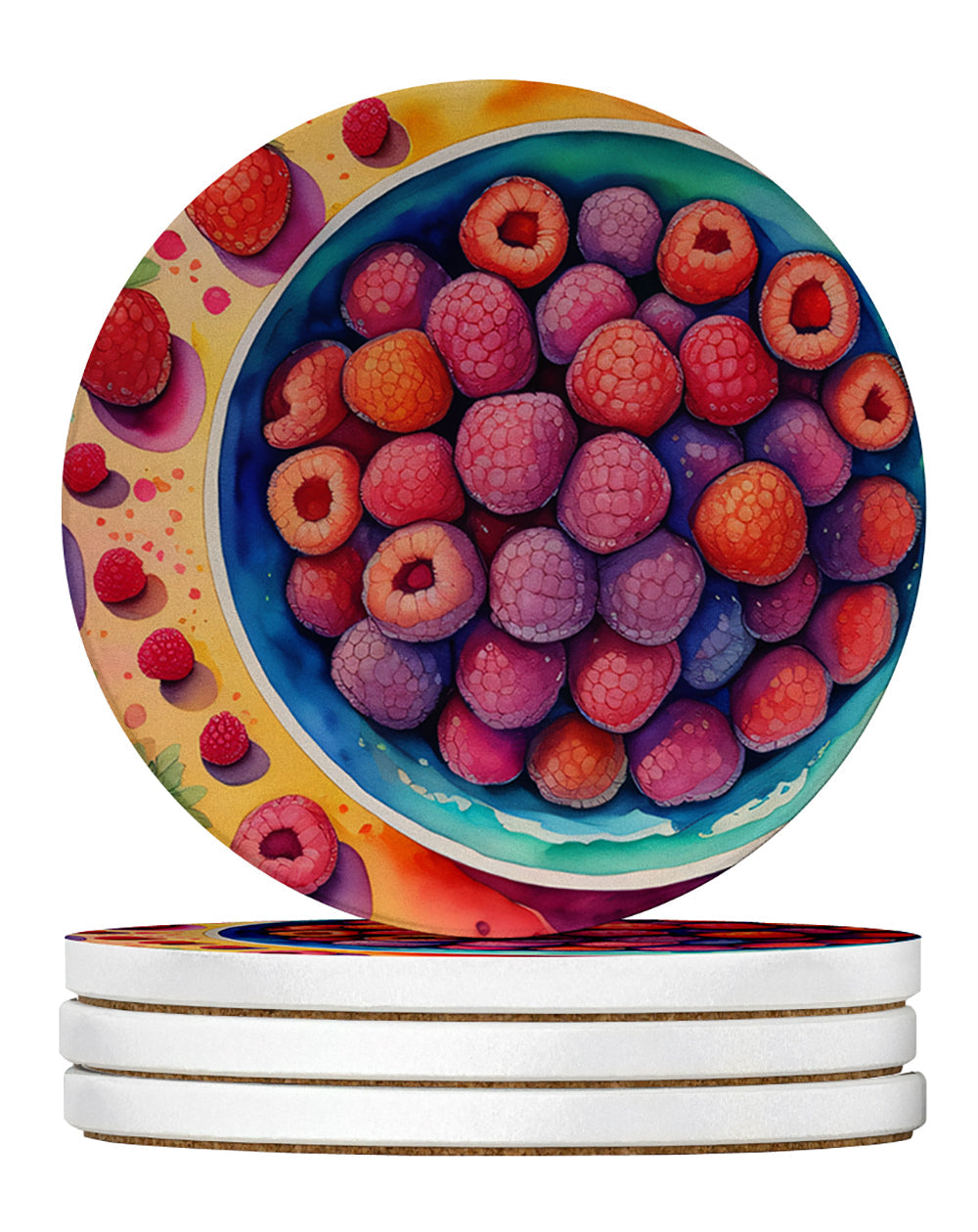 Colorful Raspberries Large Sandstone Coasters Pack of 4 Absorbent Round Coasters Decor Gifts for Men or Women, 4 in, Multicolor