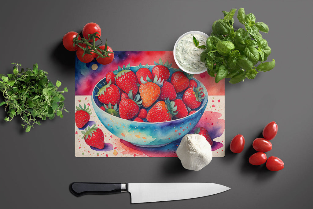 Colorful Strawberries Cutting Board Tempered Glass Kitchen Cutting Surface, Heat Resistant Chopping, Non-Slip Feet, Food Prep & Serving