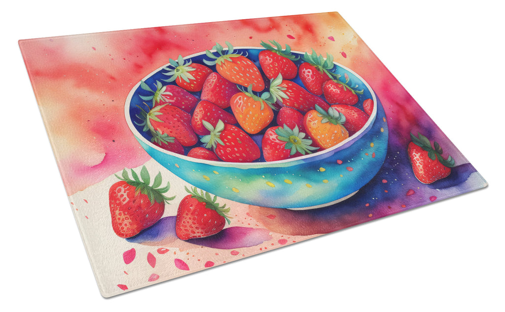 Colorful Strawberries Cutting Board Tempered Glass Kitchen Cutting Surface, Heat Resistant Chopping, Non-Slip Feet, Food Prep & Serving