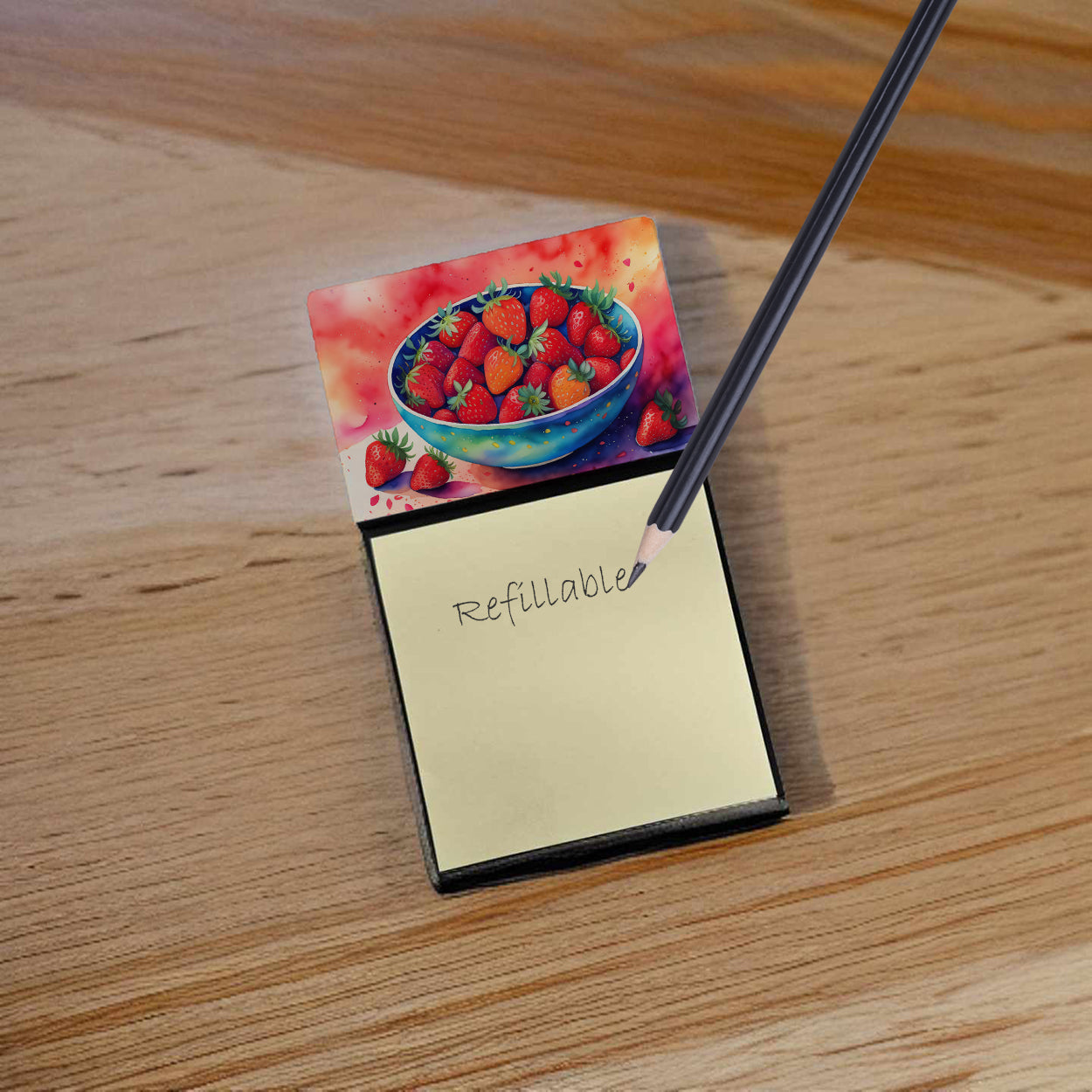 Colorful Strawberries Watercolor Sticky Note Holder Refillable Dispenser Desk Accessory 3x3 Pad Gift