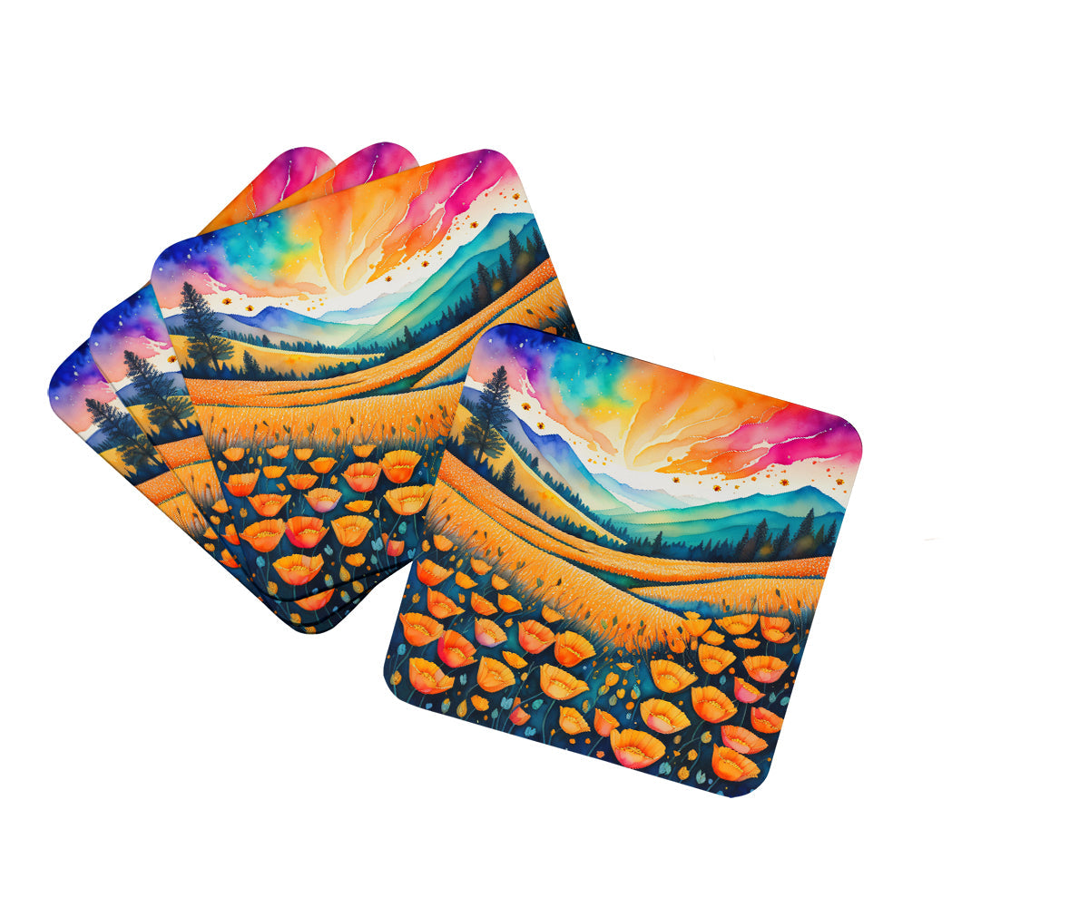 Colorful California poppies Foam Coasters Set of 4 Cup Coasters for Indoor Outdoor, Tabletop Protection, Anti Slip, Mouse pad Material